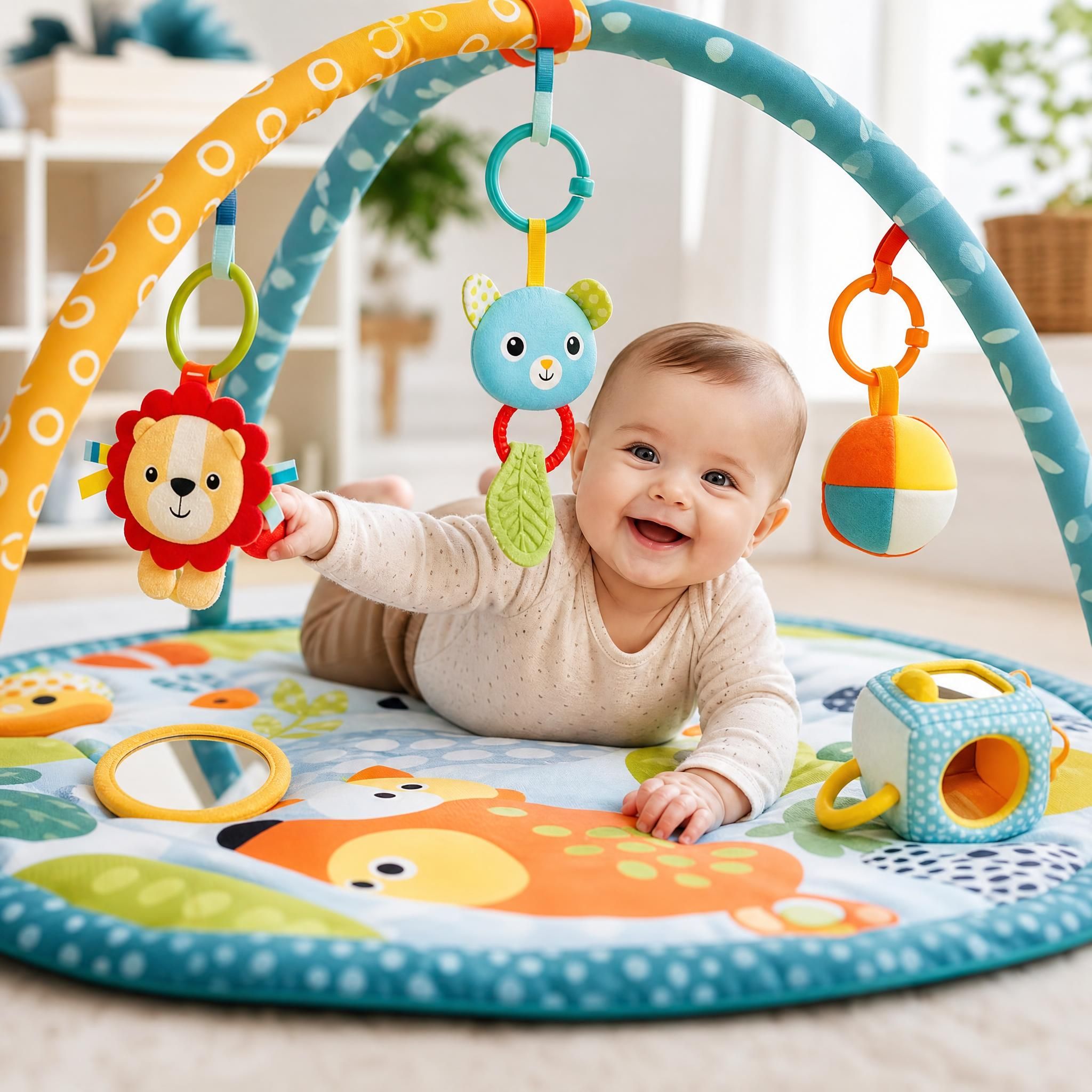 Bébé souriant allongé sur un tapis d'éveil coloré avec des jouets sensoriels suspendus, stimulant sa motricité