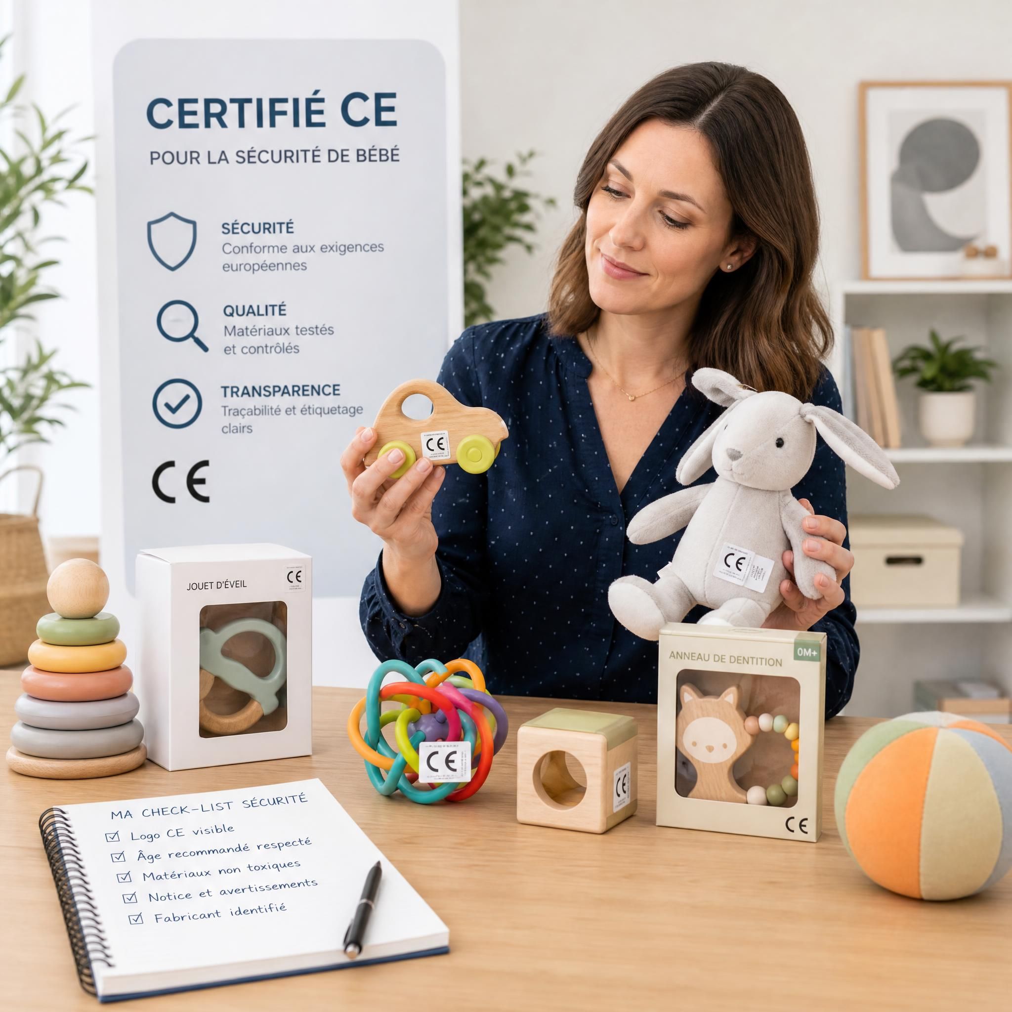 Parent expert comparant des jouets bébé certifiés CE sur une table, avec labels de sécurité visibles