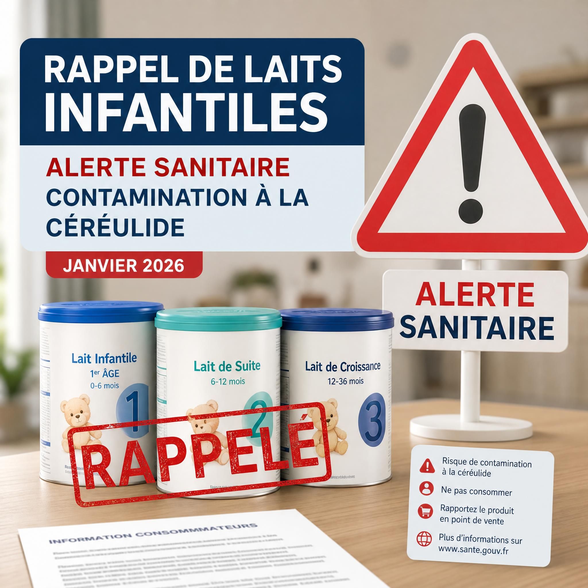 Boîtes de lait infantile rappelées sur une table avec un panneau d'alerte sanitaire, illustrant la crise de contamination à la céréulide de janvier 2026