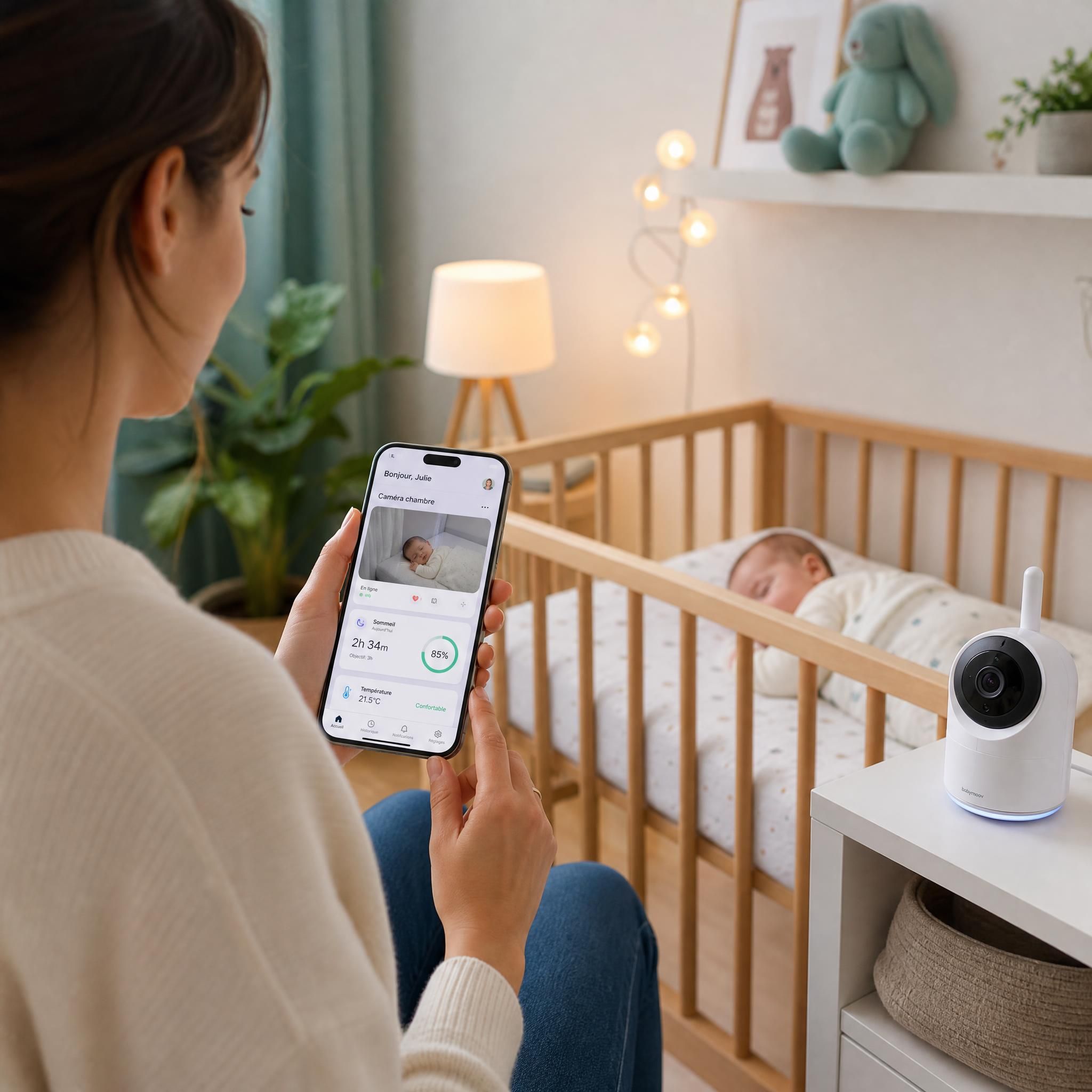 Parent utilisant une application bébé sur smartphone à côté d'un berceau connecté avec babyphone vidéo