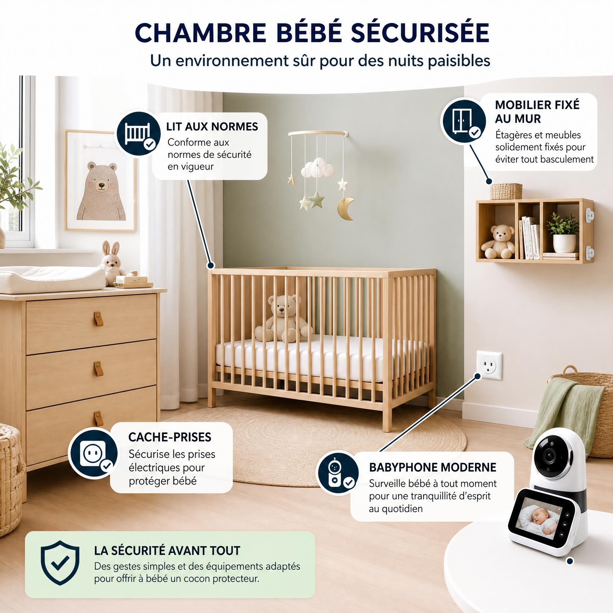 Chambre bébé sécurisée avec lit aux normes, babyphone moderne, cache-prises et mobilier fixé au mur