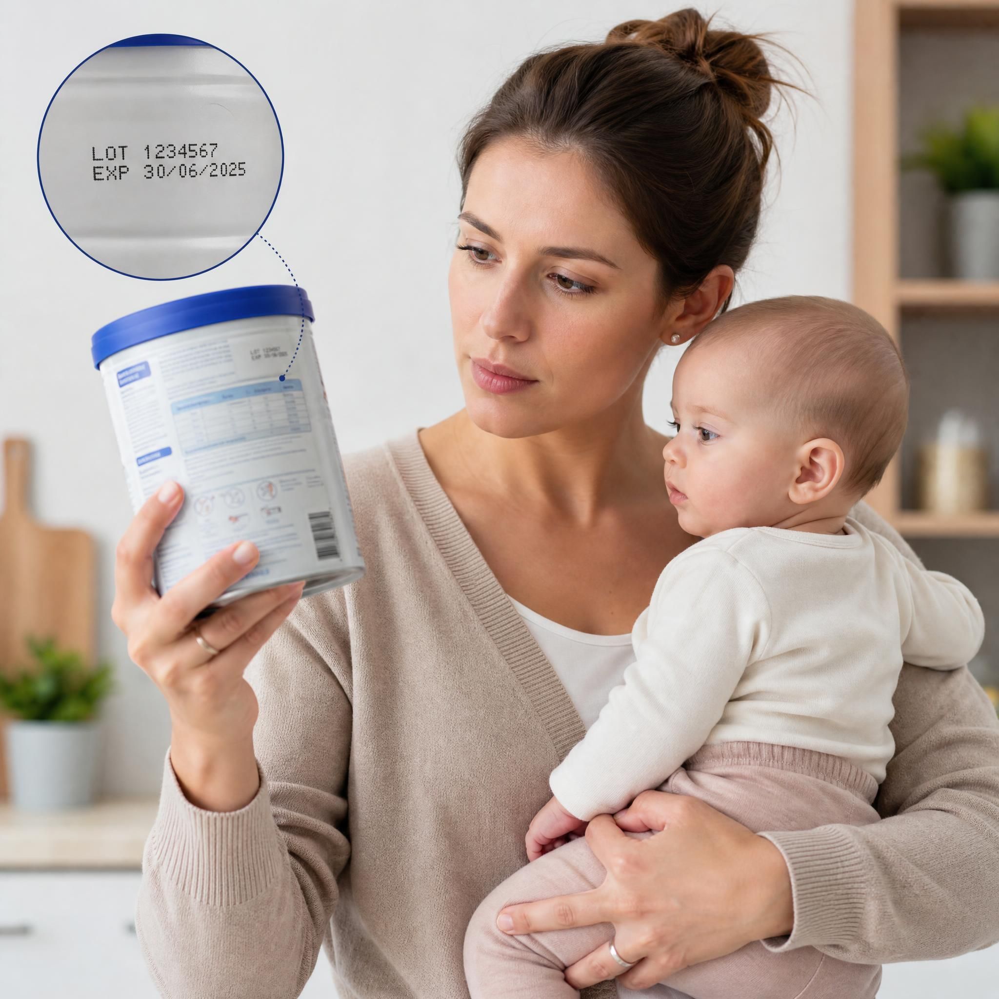 Maman vérifiant attentivement l'étiquette et le numéro de lot d'une boîte de lait infantile en poudre, avec un bébé dans les bras