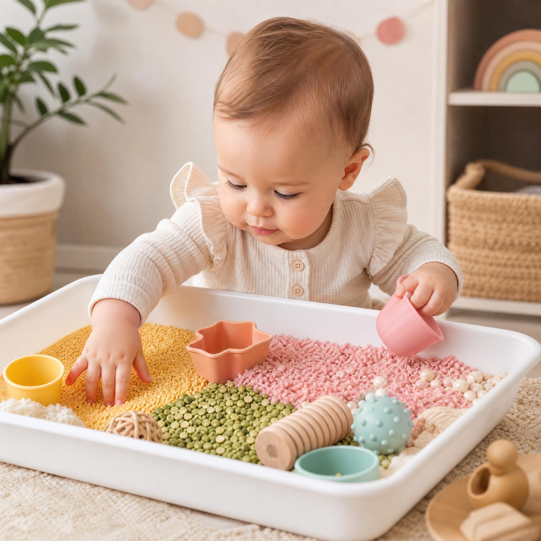 Bébé en train d'explorer un bac sensoriel coloré avec différentes textures, activité d'éveil sensoriel