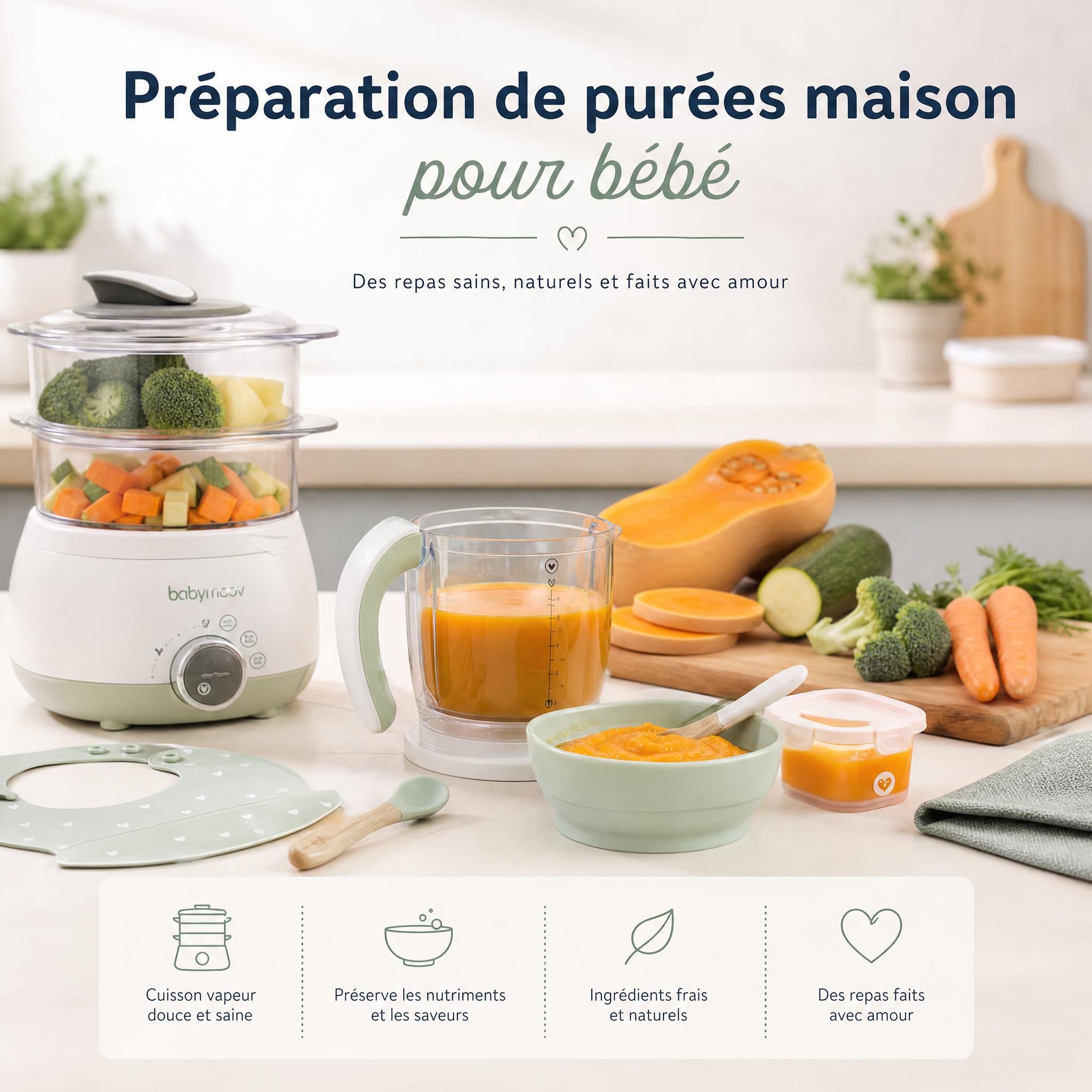 Préparation de purées maison pour bébé avec cuisson vapeur, ustensiles de cuisine adaptés bébé