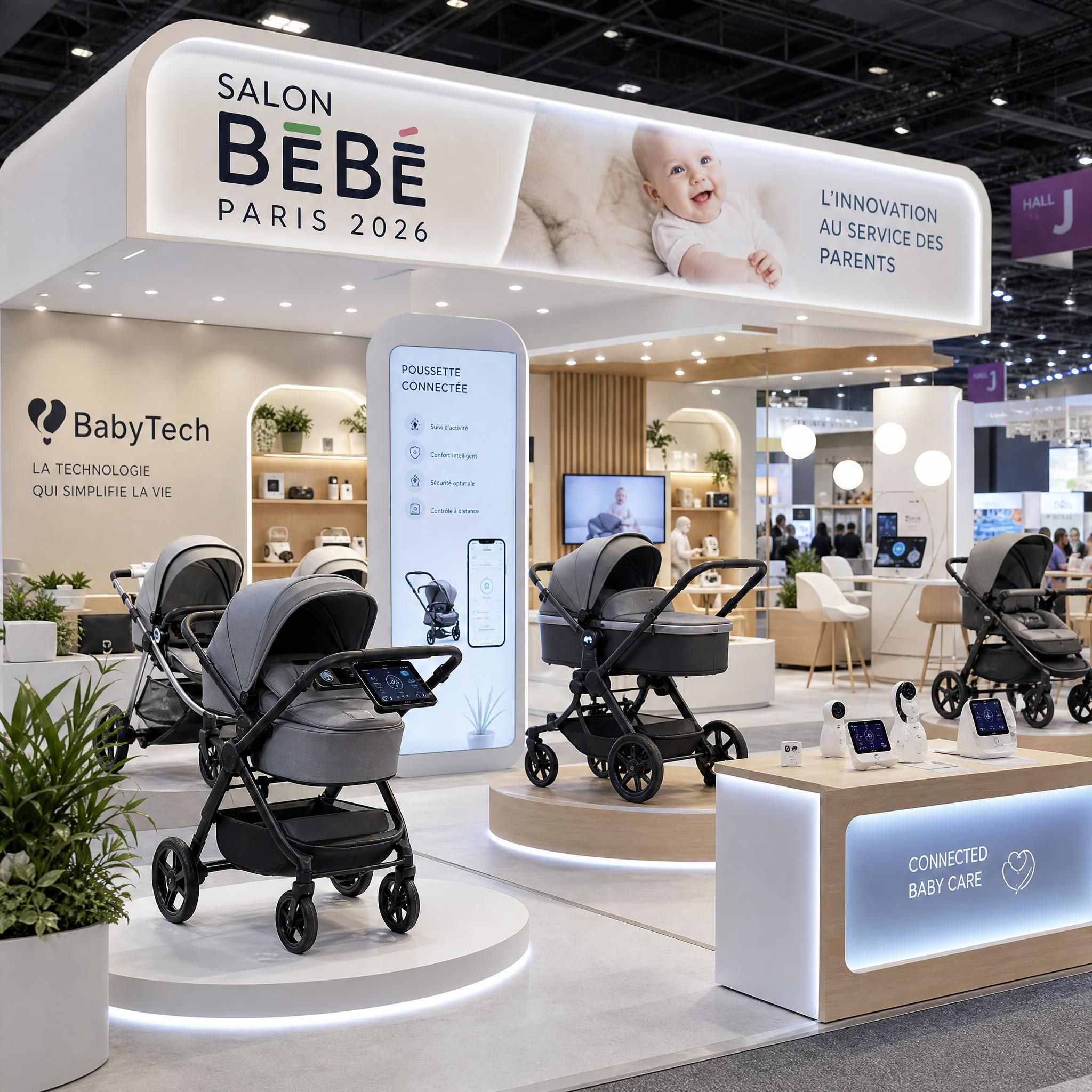 Stand d'exposition au Salon BEBE Paris 2026 avec poussettes connectées et équipements high-tech pour bébé