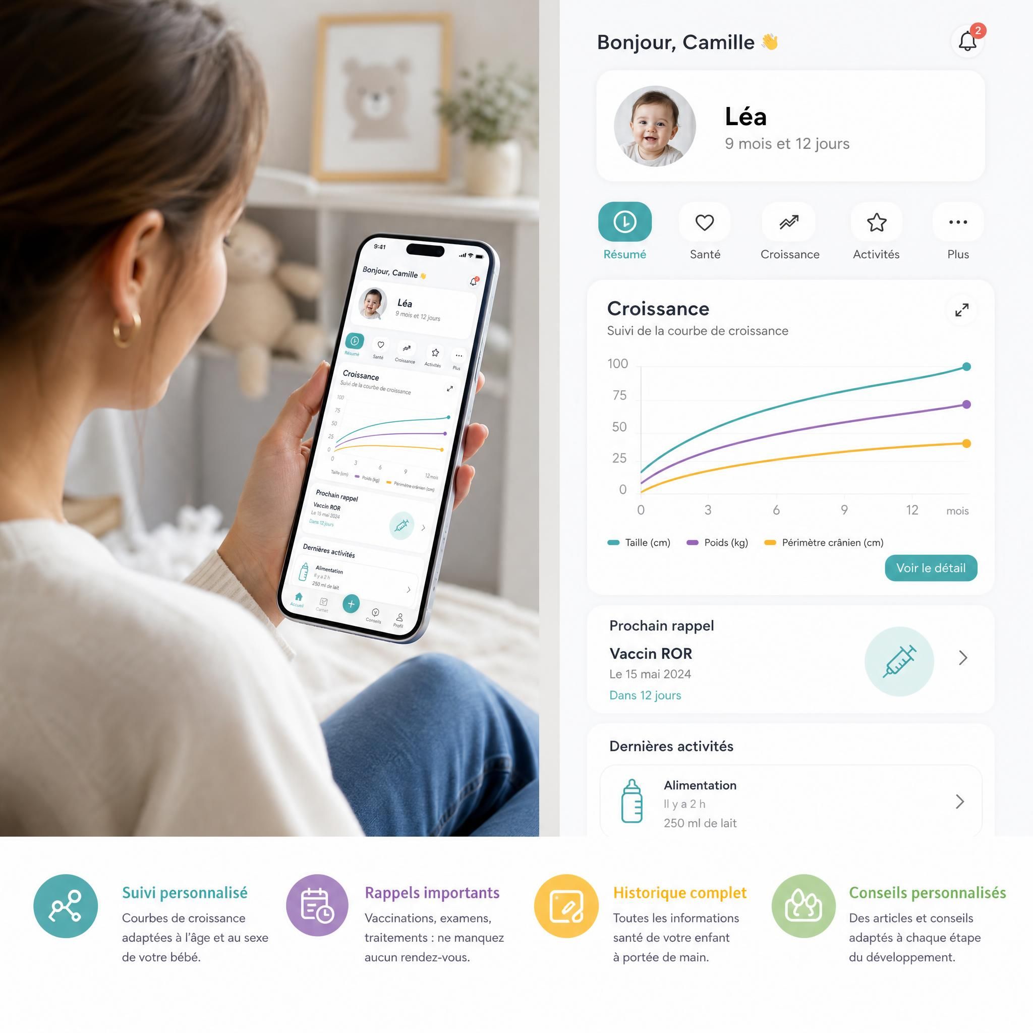 Parent utilisant une application mobile de suivi santé bébé sur smartphone, avec graphiques de développement et rappels de vaccinations, interface moderne et intuitive