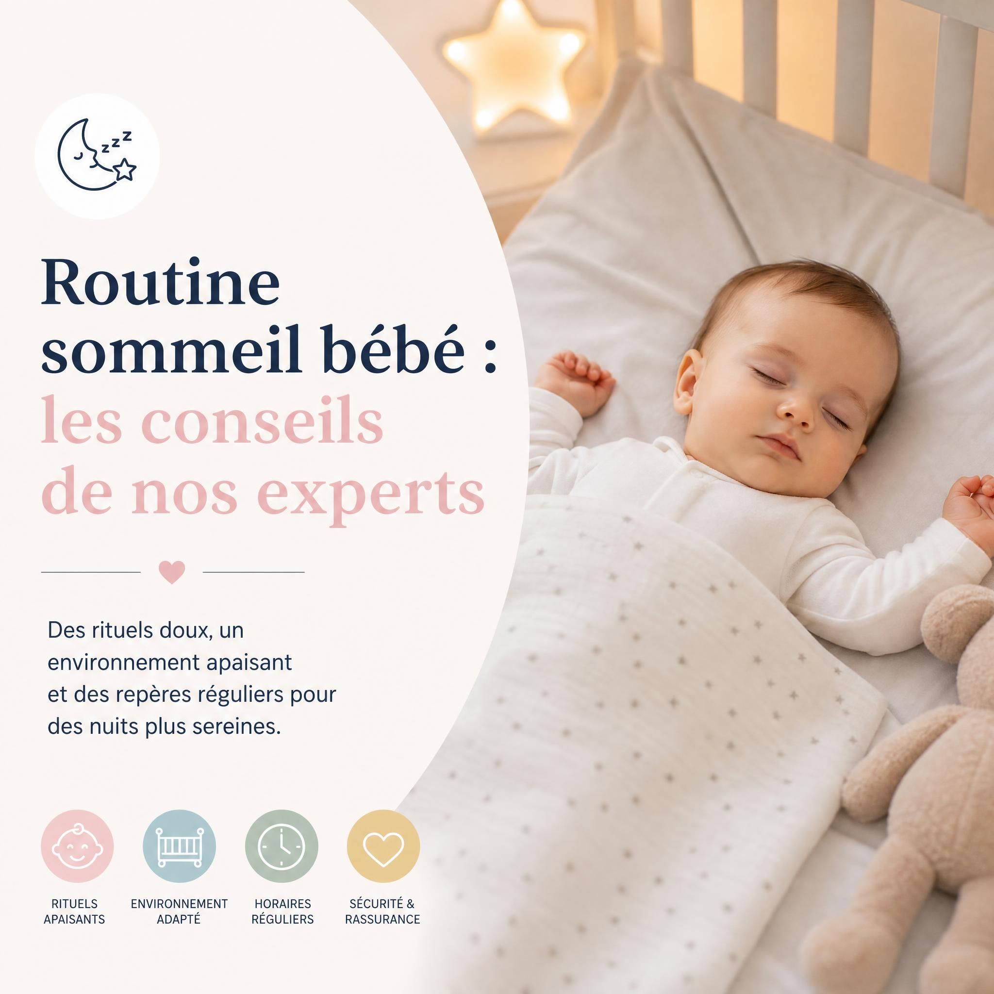 Bébé qui dort paisiblement dans son lit, routine sommeil bébé conseils experts