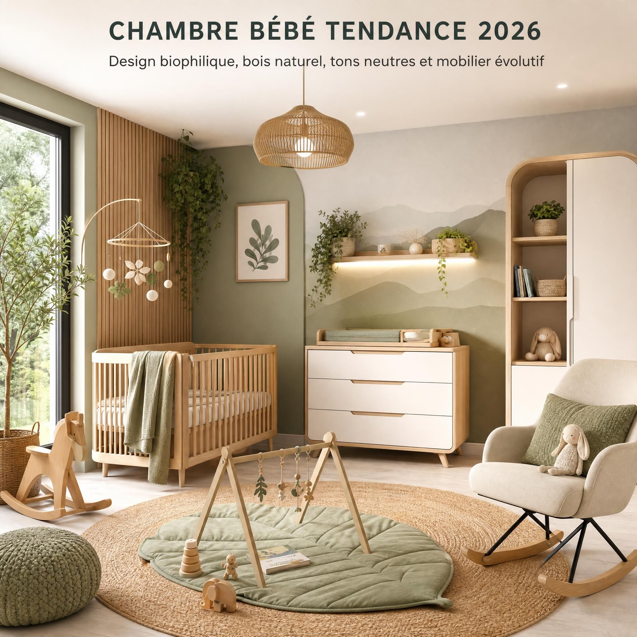 Chambre bébé tendance 2026 avec design biophilique, bois naturel, tons neutres et mobilier évolutif