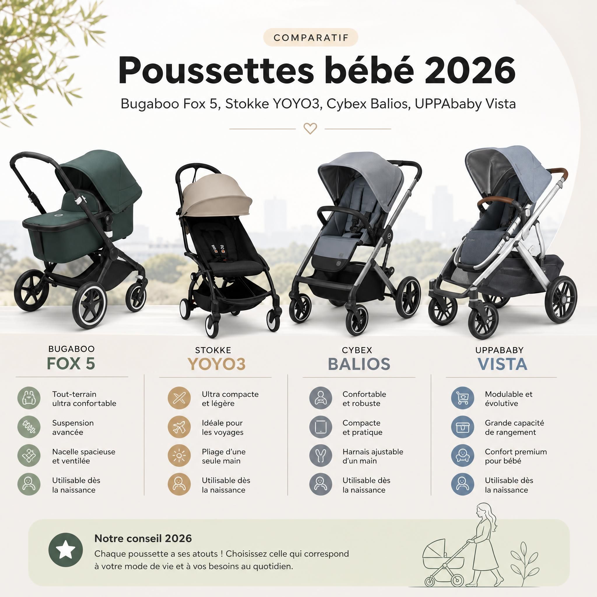 Comparatif poussettes bébé 2026 - Bugaboo Fox 5, Stokke YOYO3, Cybex Balios, UPPAbaby Vista