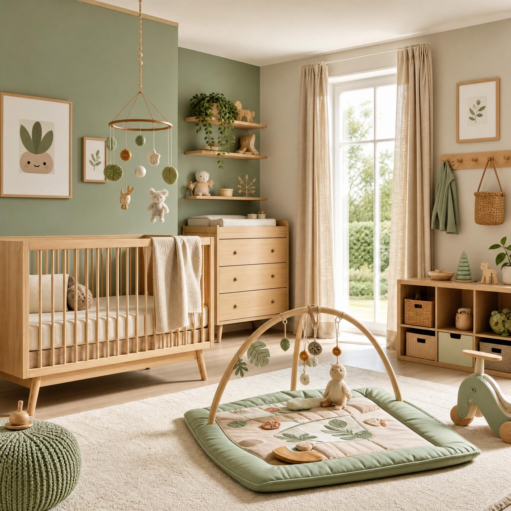 Chambre bébé 2026 aménagée avec palette de couleurs vert sauge et beige, mobile stimulant, tapis d'éveil et mobilier en bois naturel