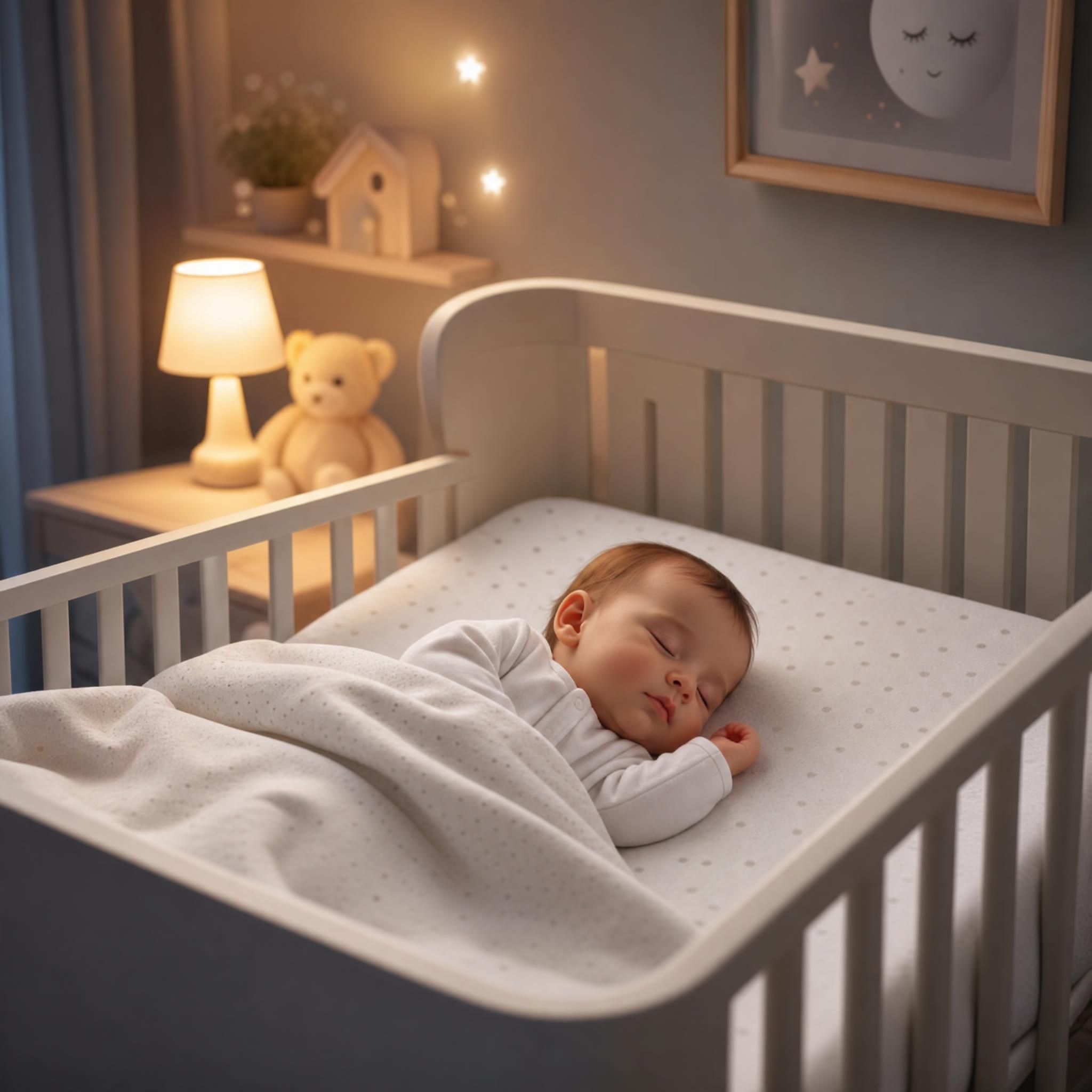 Bébé dormant paisiblement dans son lit sécurisé, chambre douce et tamisée, ambiance sérénité
