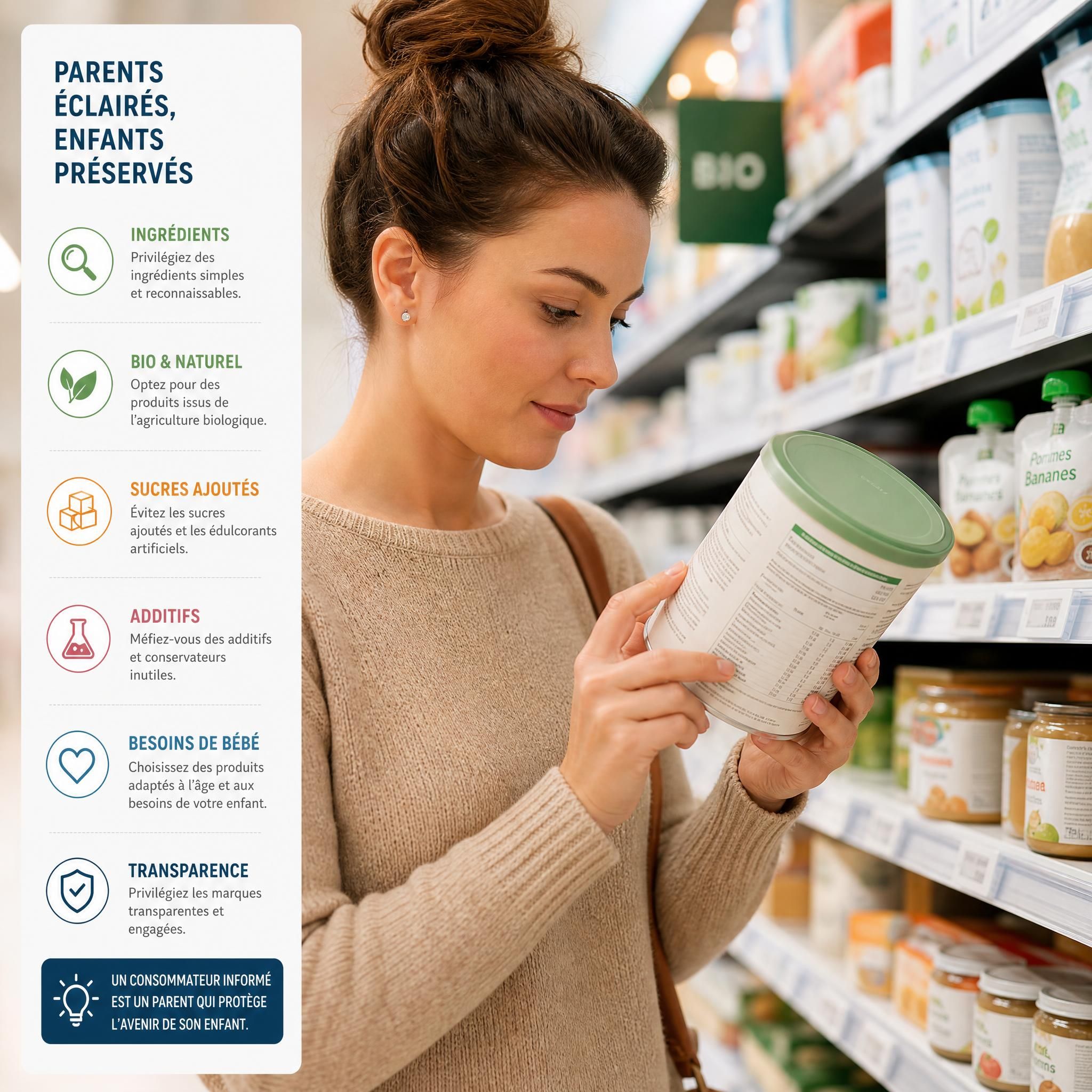 Parent lisant attentivement l'étiquette d'un produit alimentaire pour bébé dans un magasin, symbolisant la parentalité éclairée et le pouvoir du consommateur informé