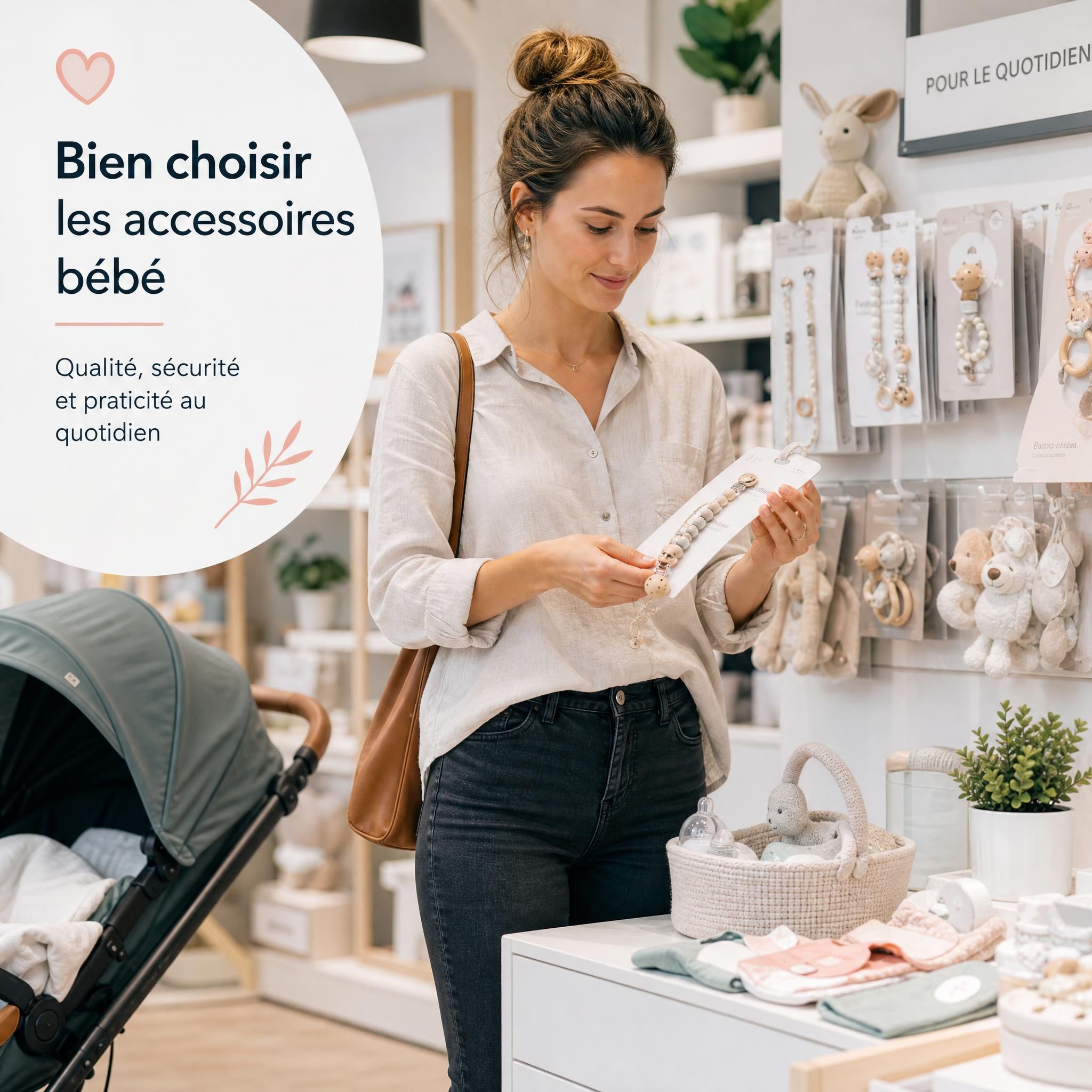 jeune maman experte choisissant des accessoires bébé de qualité dans une boutique de puériculture moderne
