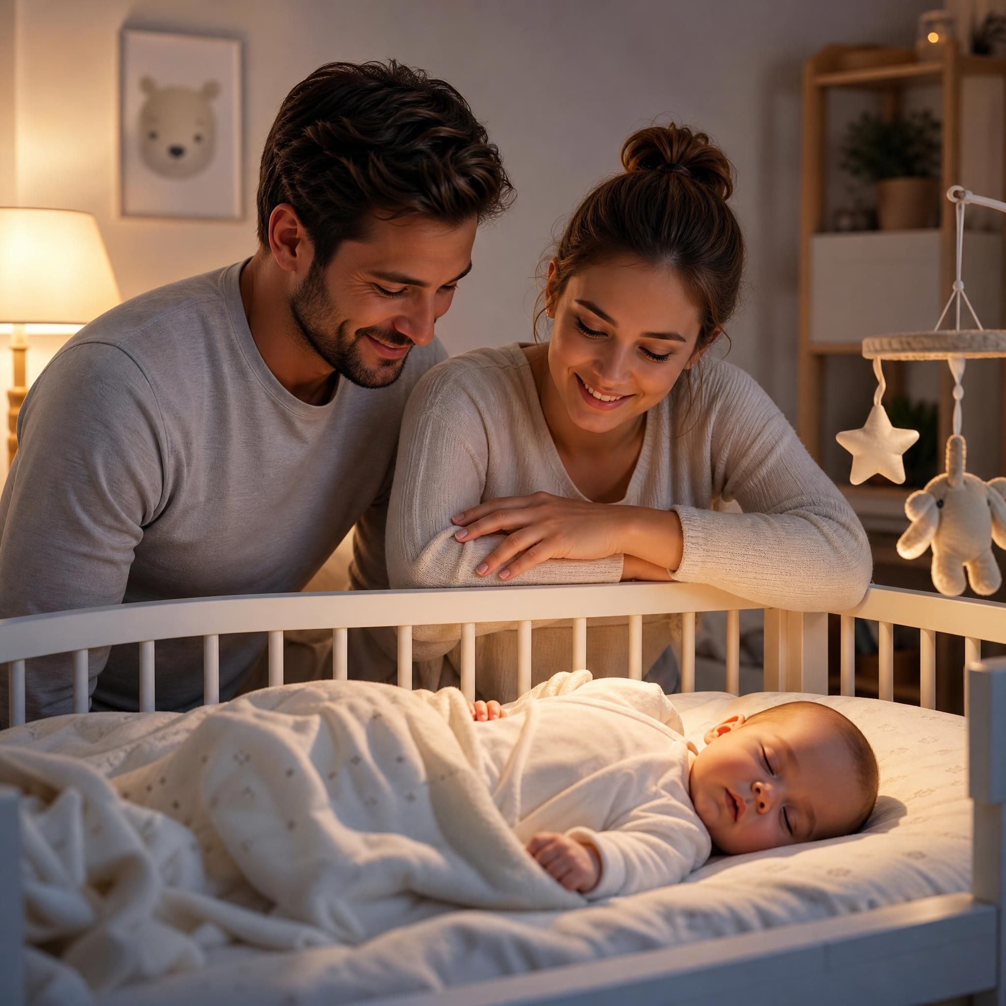 Parents souriants et reposés regardant leur bébé dormir dans son berceau, bien-être famille sommeil bébé