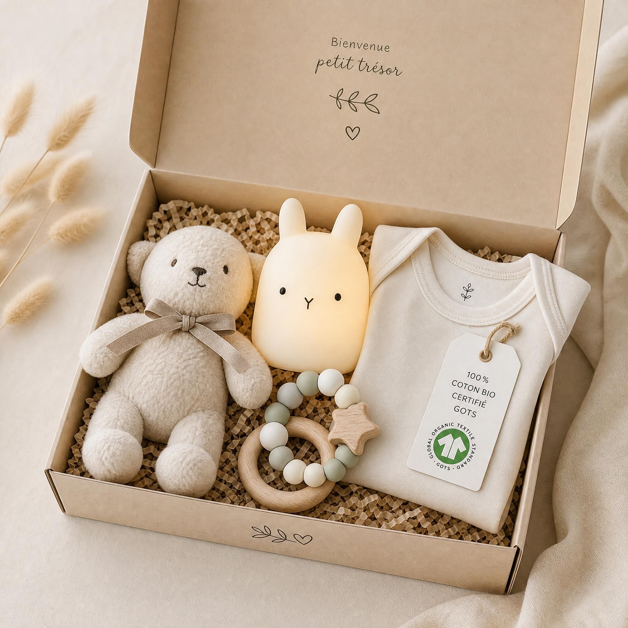 Coffret cadeau naissance élégant avec doudou, veilleuse, anneau de dentition et body en coton bio certifié GOTS