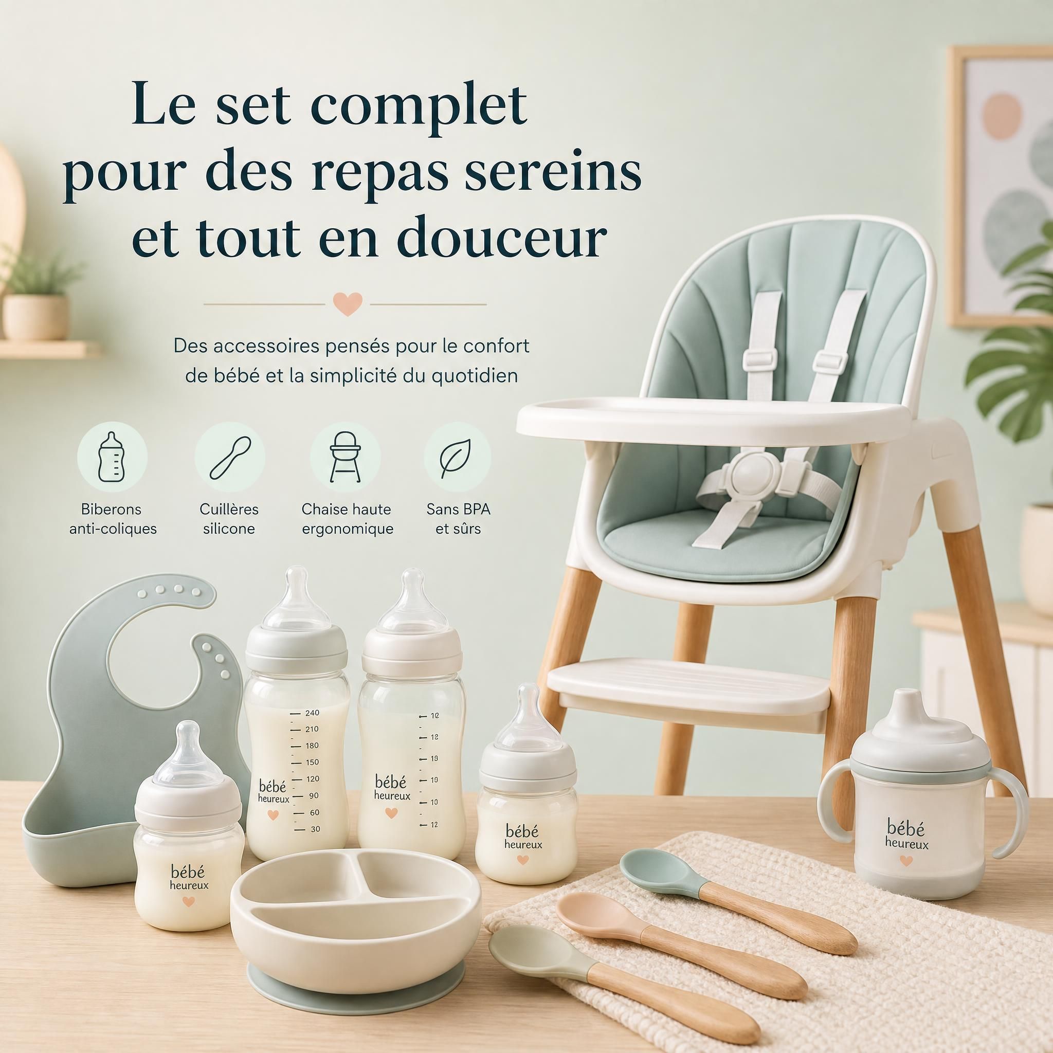 set complet d'accessoires alimentation bébé - biberons anti-coliques, cuillères silicone, chaise haute ergonomique sur fond pastel