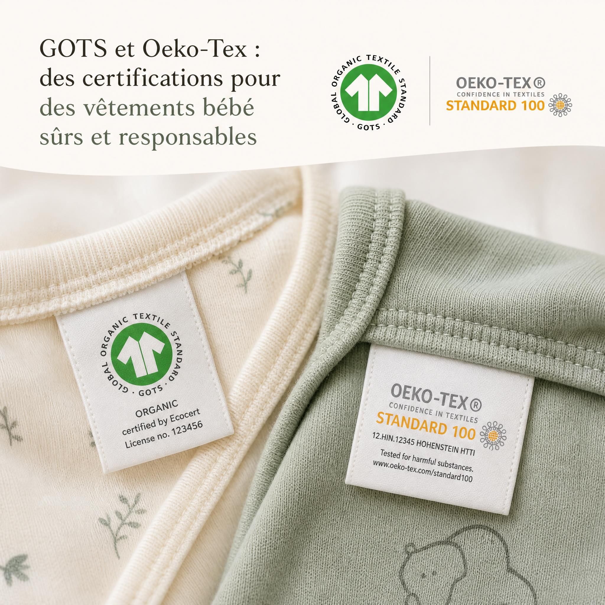 Étiquettes de certification GOTS et Oeko-Tex cousues sur des vêtements bébé en coton biologique