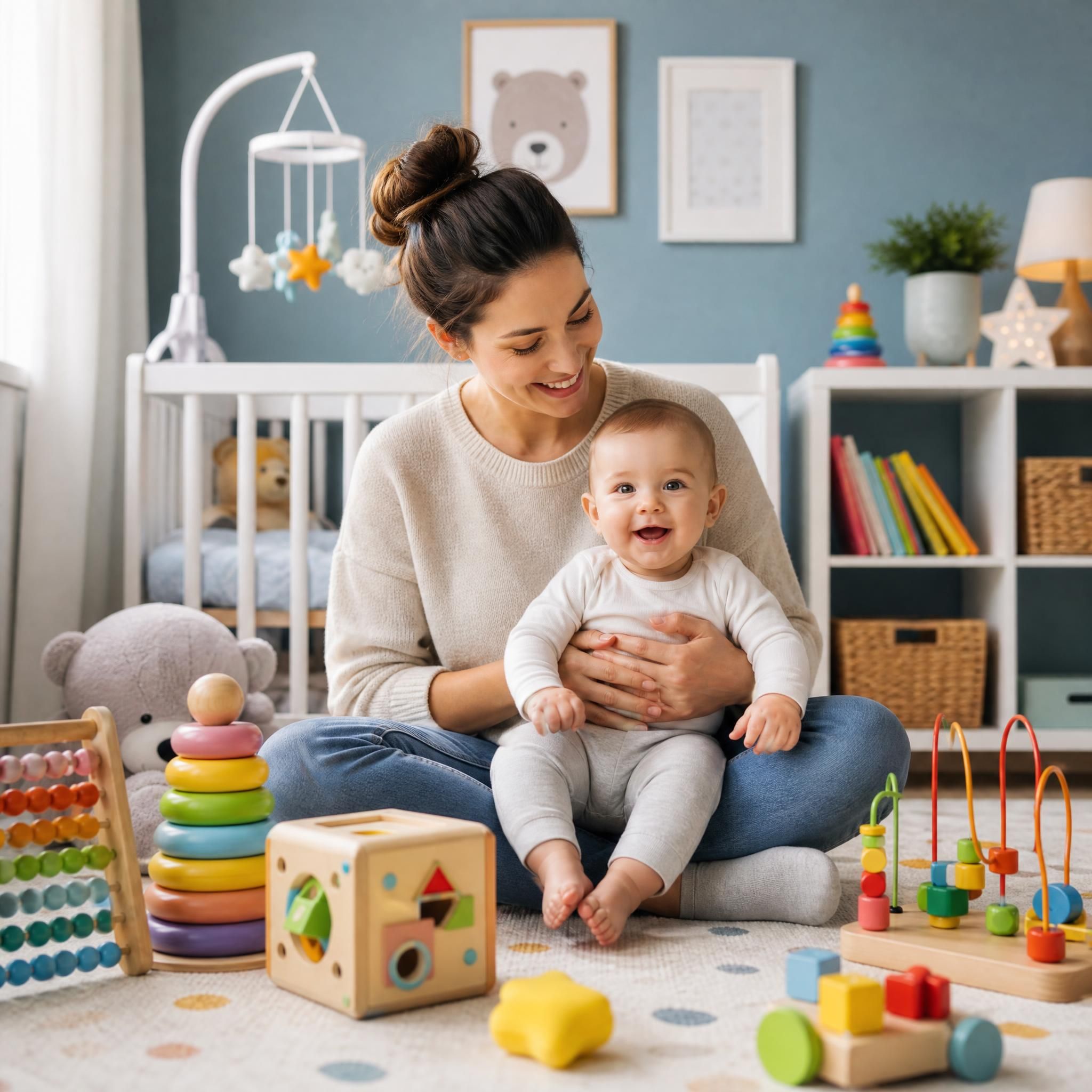 Maman souriante tenant son bébé entouré de jouets éducatifs colorés dans une chambre bébé bien aménagée