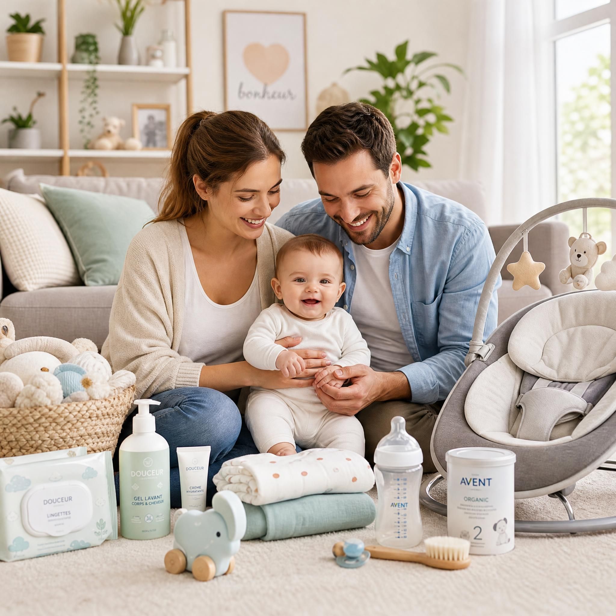Famille heureuse — parents et bébé — entourés de produits bébé de qualité dans un salon lumineux et chaleureux
