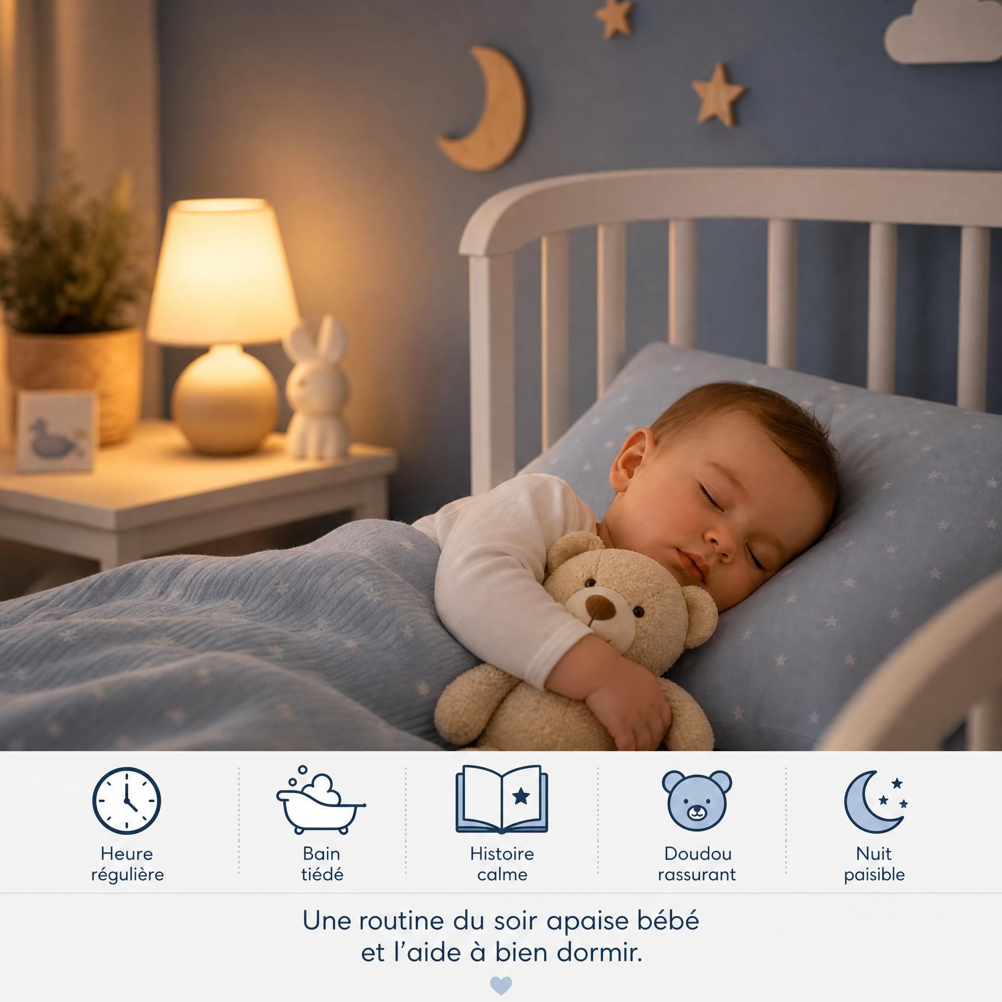 Bébé endormi paisiblement dans son lit, doudou dans les bras, chambre douce et apaisante, sommeil bébé routine