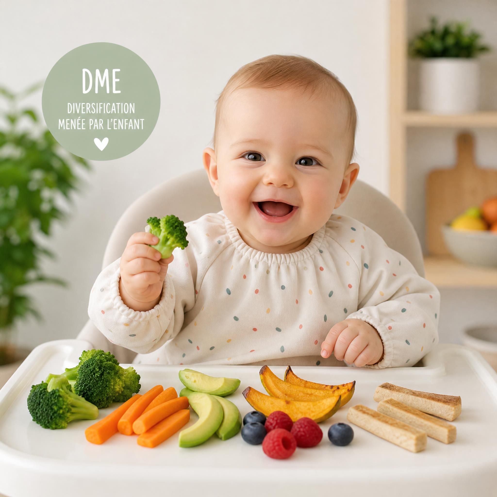 Bébé souriant assis devant des aliments colorés variés lors de la diversification alimentaire, technique DME
