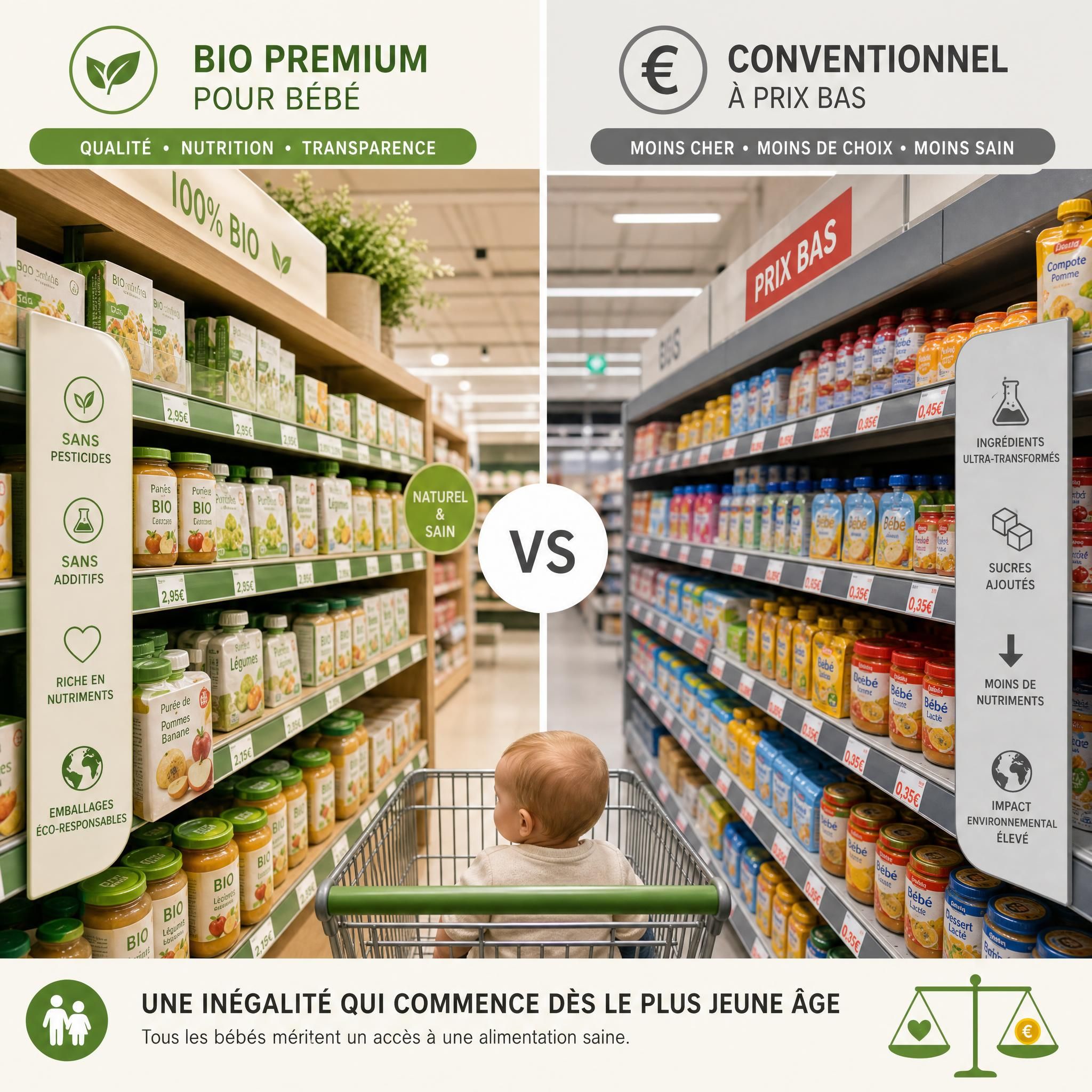 Comparaison visuelle entre deux rayons de supermarché — l'un avec des produits bio premium pour bébé, l'autre avec des produits conventionnels moins chers — illustrant les inégalités d'accès à une alimentation saine