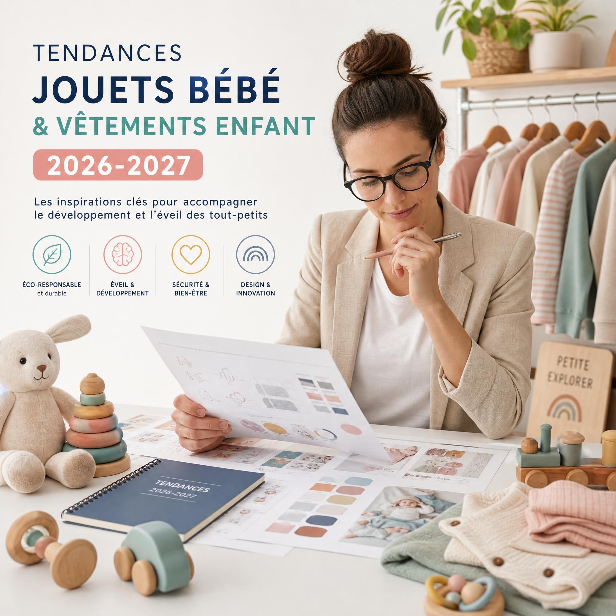Expert en puériculture analysant les tendances jouets bébé et vêtements enfant pour 2026-2027