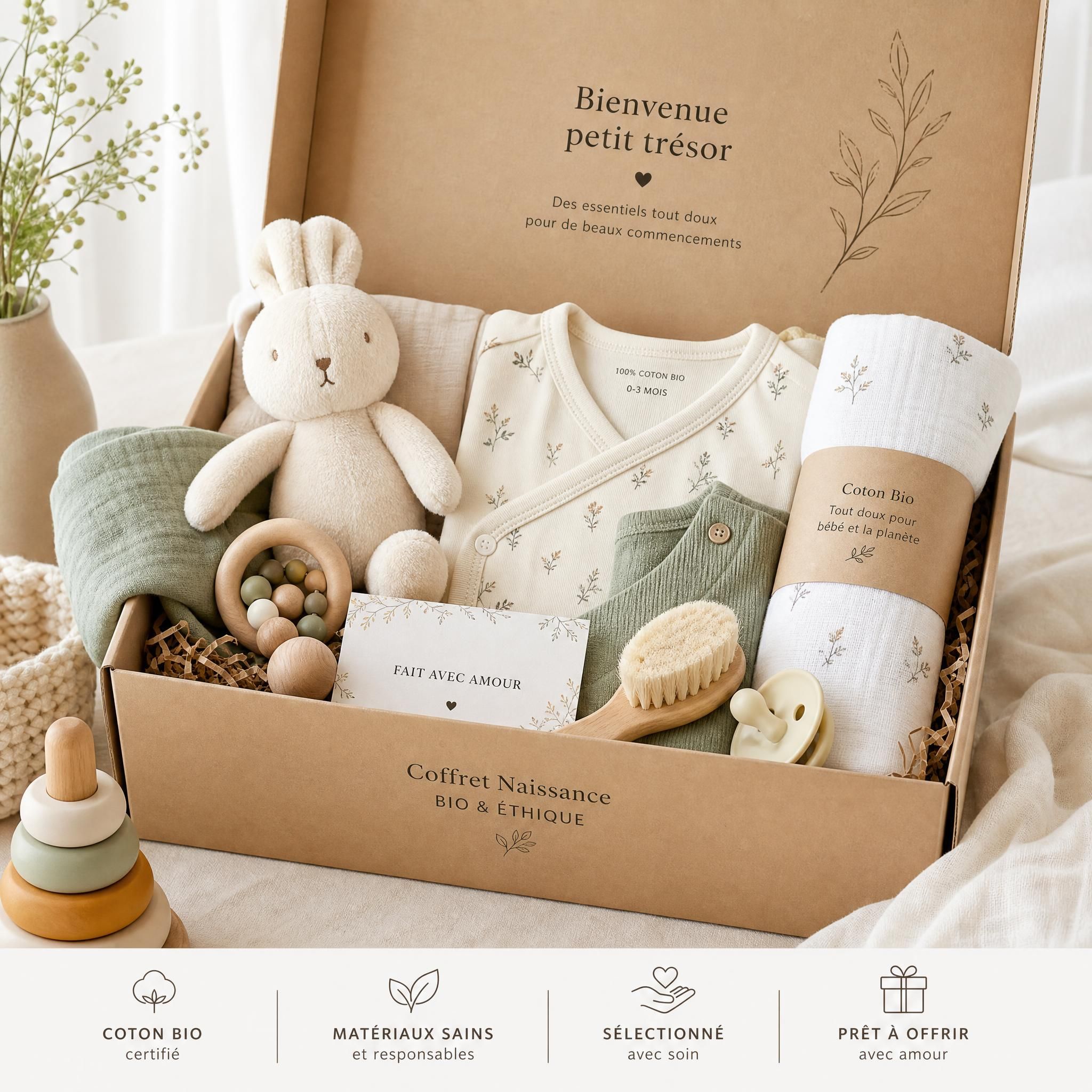 Coffret cadeau naissance premium avec jouets bébé, vêtements enfant bio et accessoires puériculture