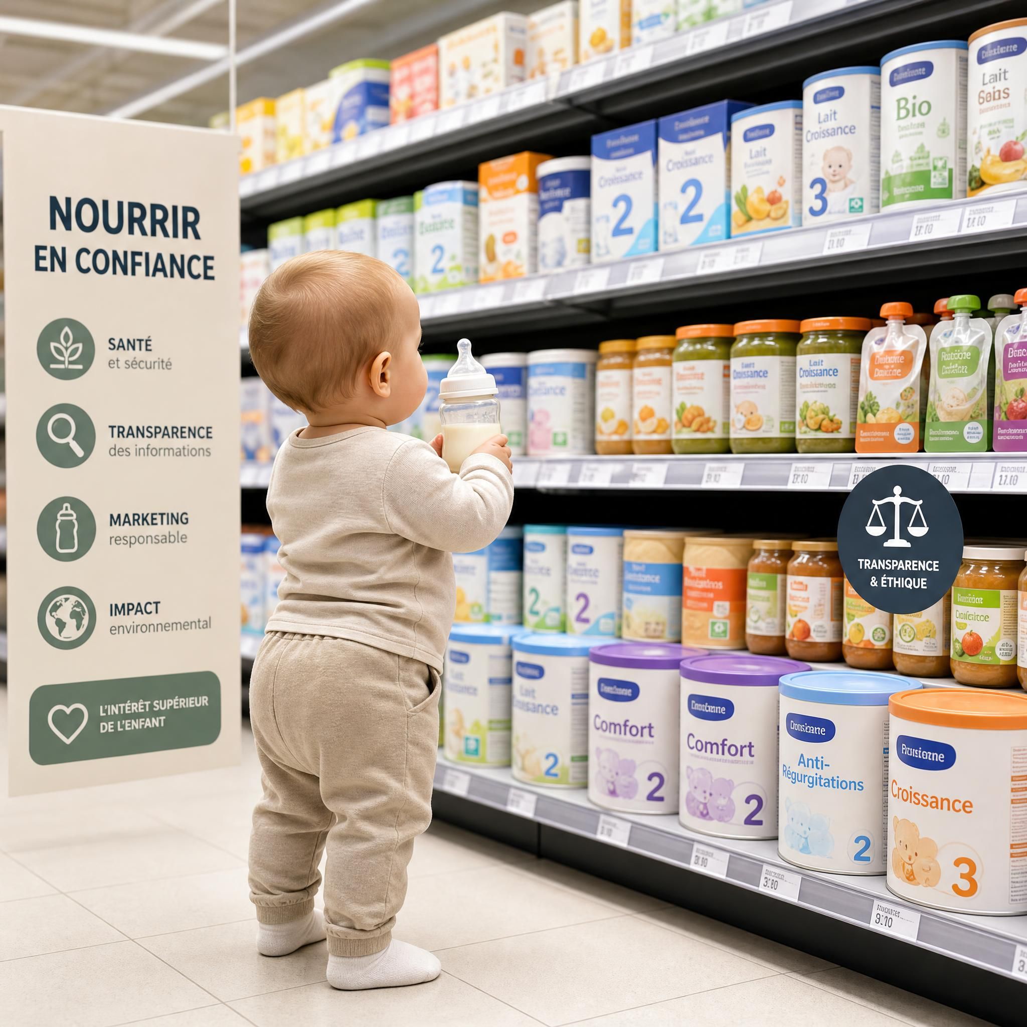 Bébé tenant un biberon face à une étagère de supermarchés remplie de produits infantiles, symbolisant les enjeux éthiques de l'industrie alimentaire pour nourrissons