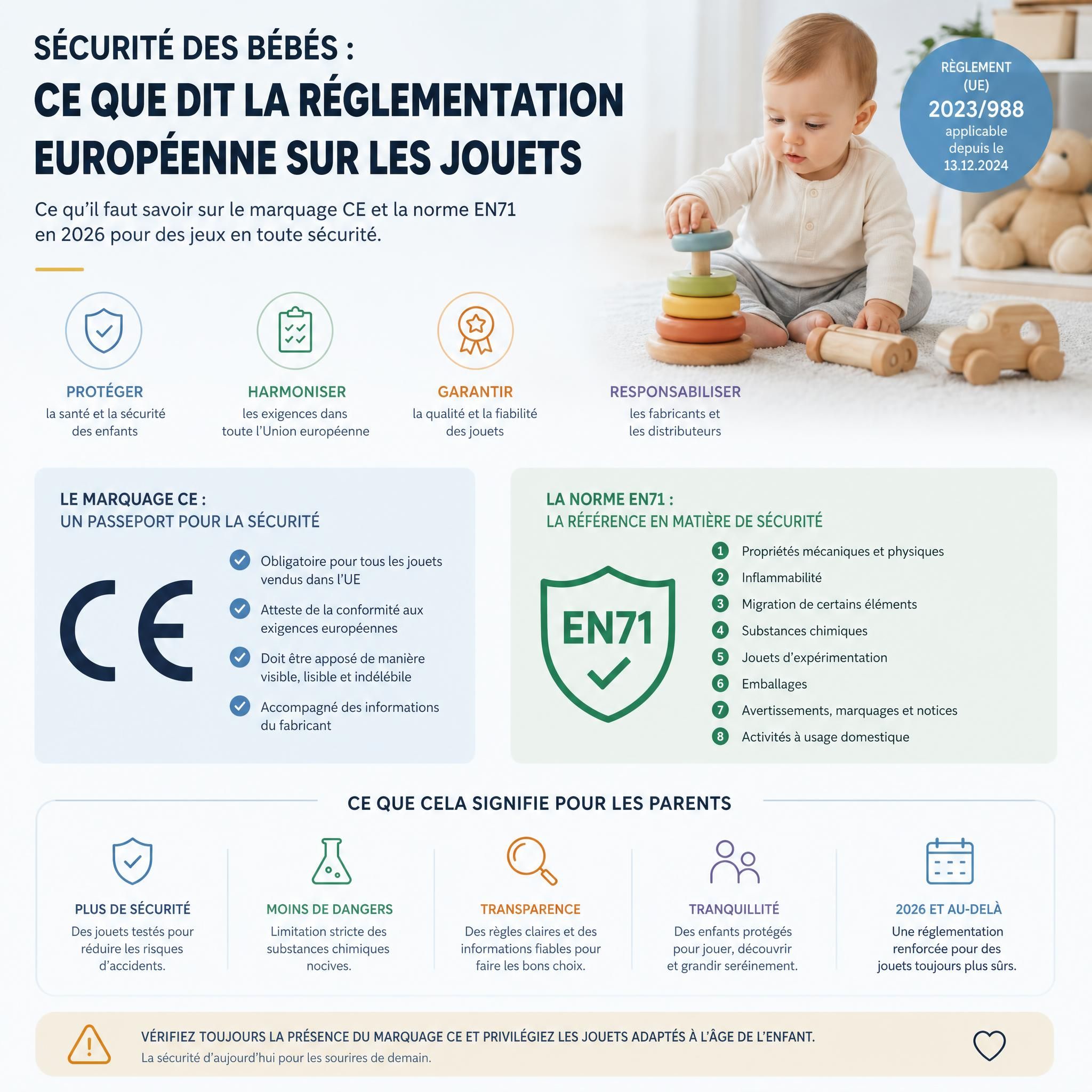 Infographie sécurité bébé règlement européen jouets CE marquage normes EN71 2026