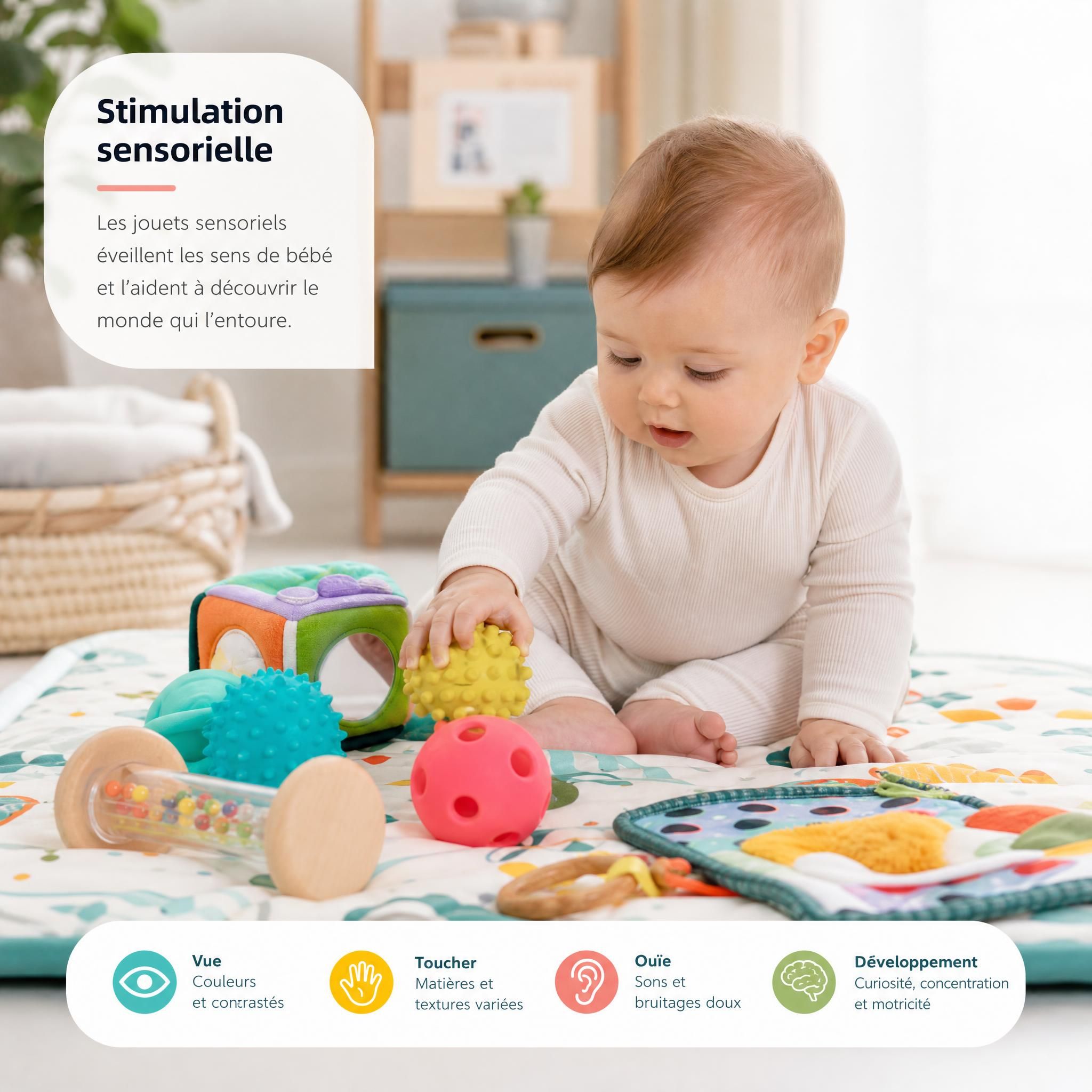 Bébé en train d'explorer des jouets sensoriels colorés sur un tapis d'éveil, développement enfant stimulation sensorielle
