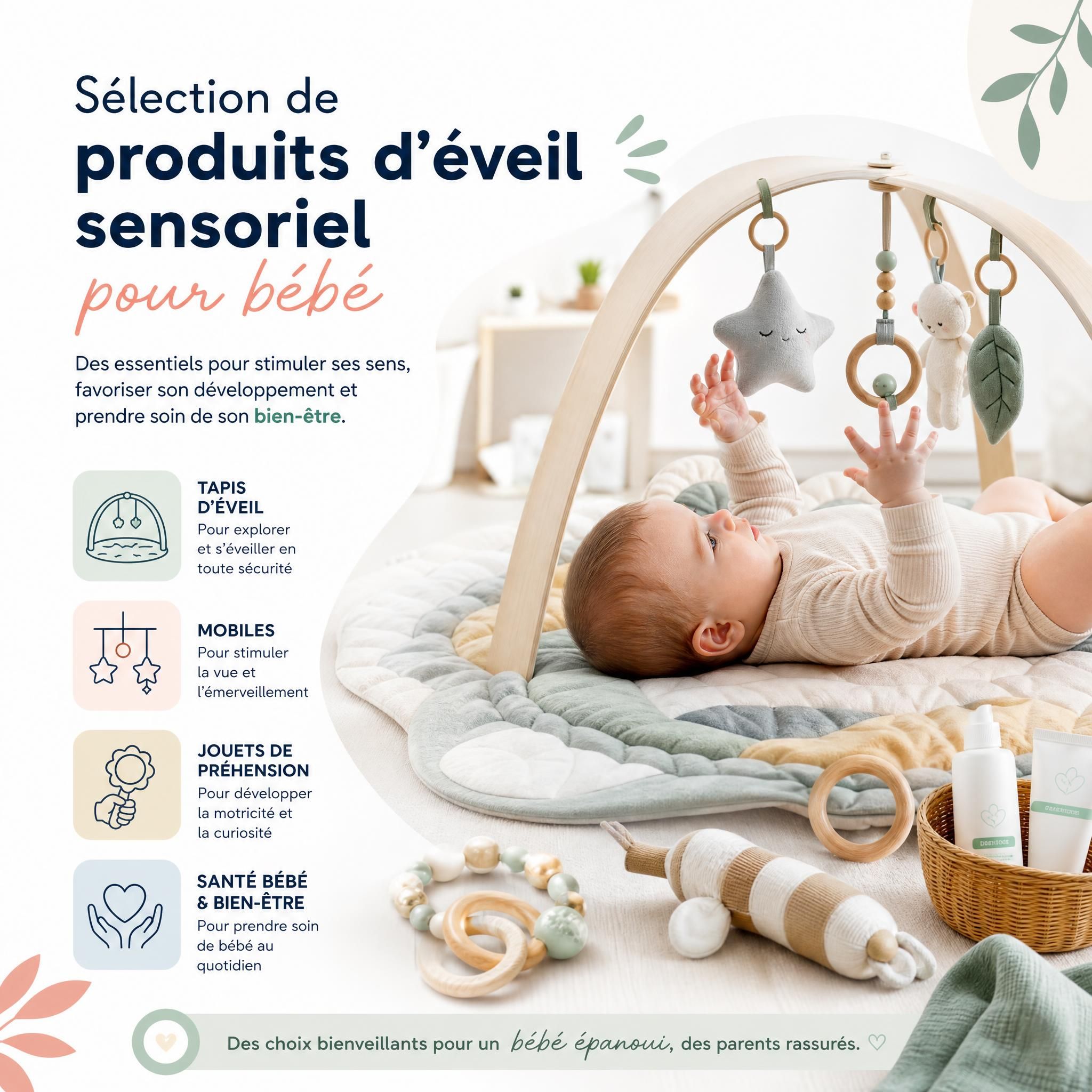 Sélection de produits d'éveil sensoriel pour bébé : tapis, mobiles, jouets de préhension, santé bébé bien-être enfant
