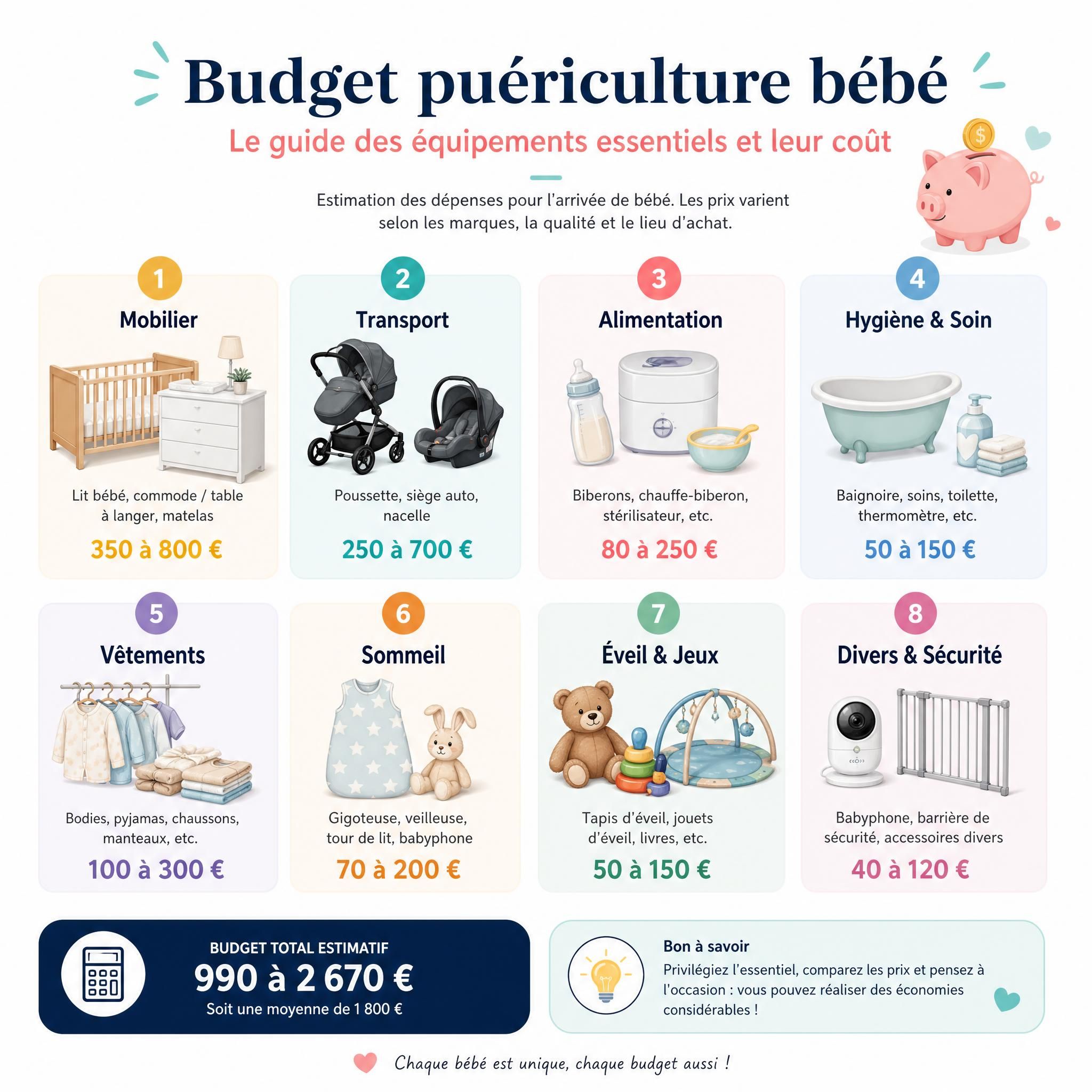 infographie budget puériculture bébé avec icônes colorées représentant chaque catégorie d'équipement