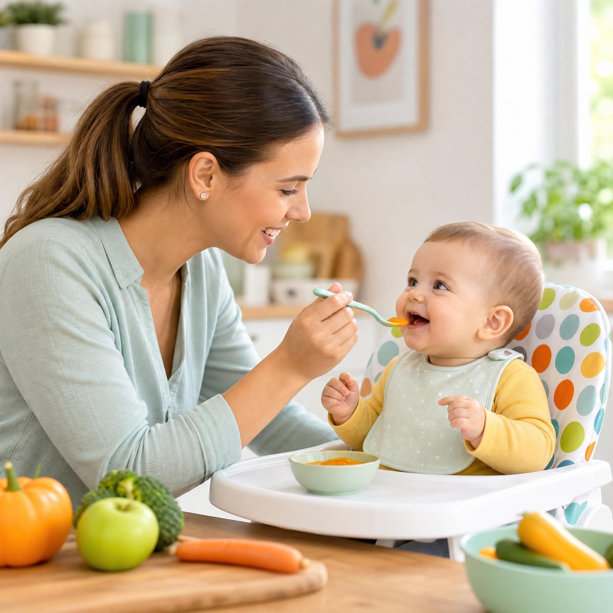 Mère souriante donnant à manger à son bébé heureux dans une chaise haute colorée, alimentation bébé diversification