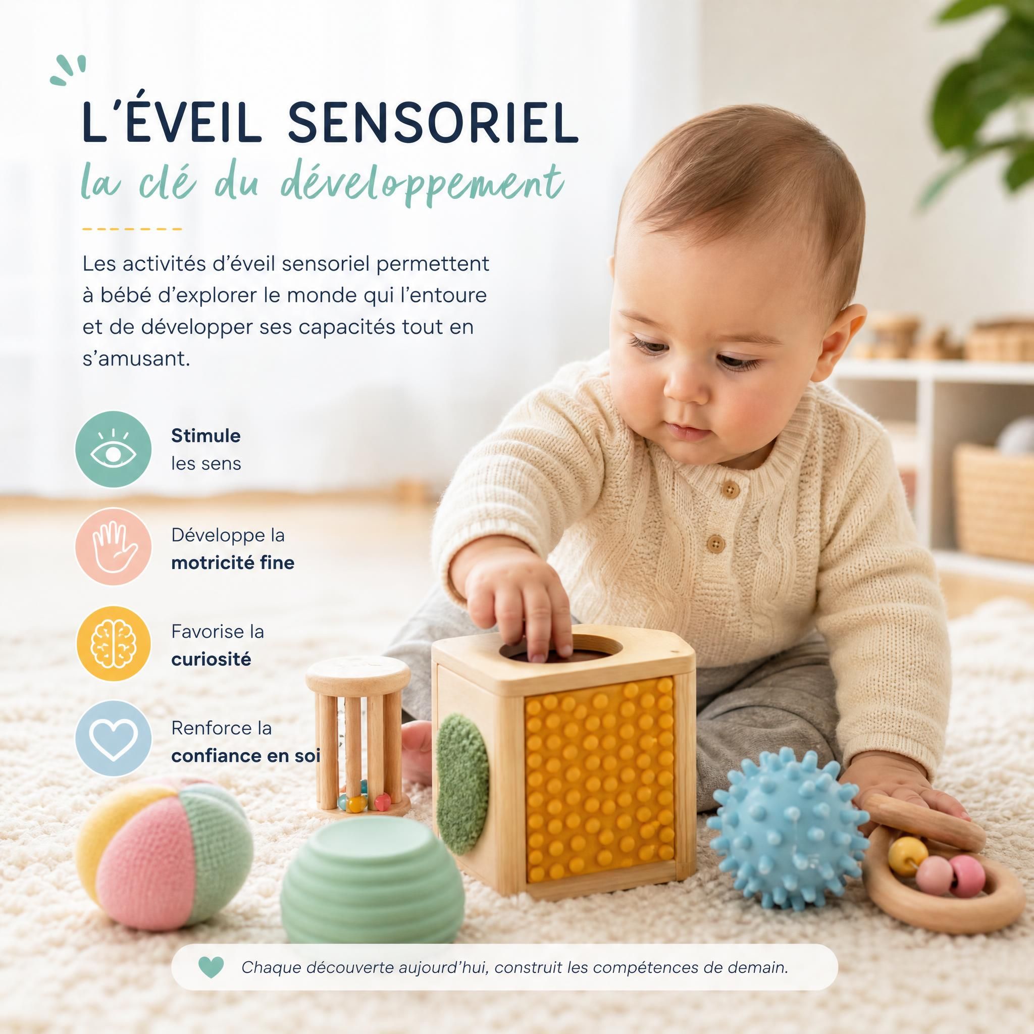 Bébé en activité d'éveil sensoriel avec jouets adaptés, développement enfant stimulation