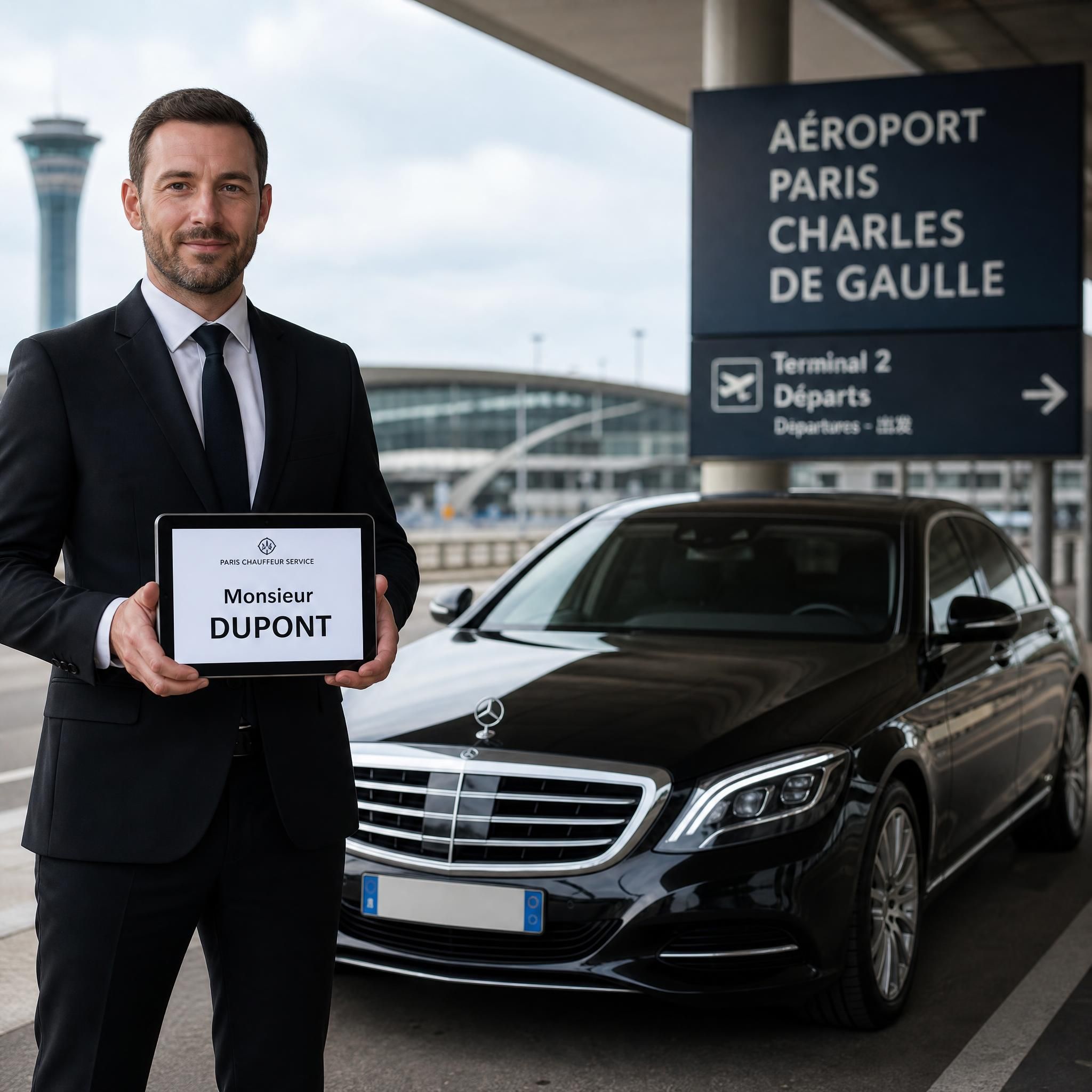Chauffeur professionnel en costume sombre tenant une tablette nominative devant une Mercedes Classe S noire à l'aéroport Charles de Gaulle, Paris