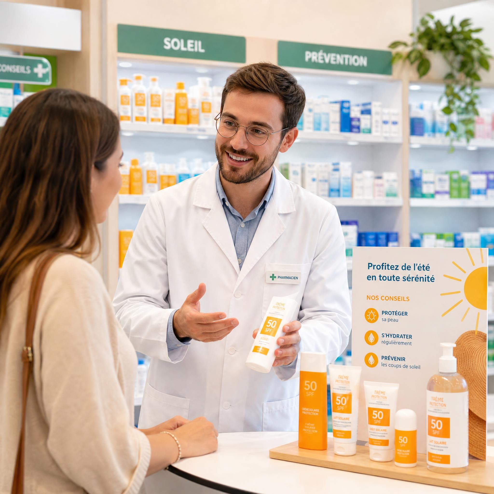 Pharmacien souriant en blouse blanche conseillant un patient en officine, avec des produits de protection solaire et de prévention estivale en arrière-plan
