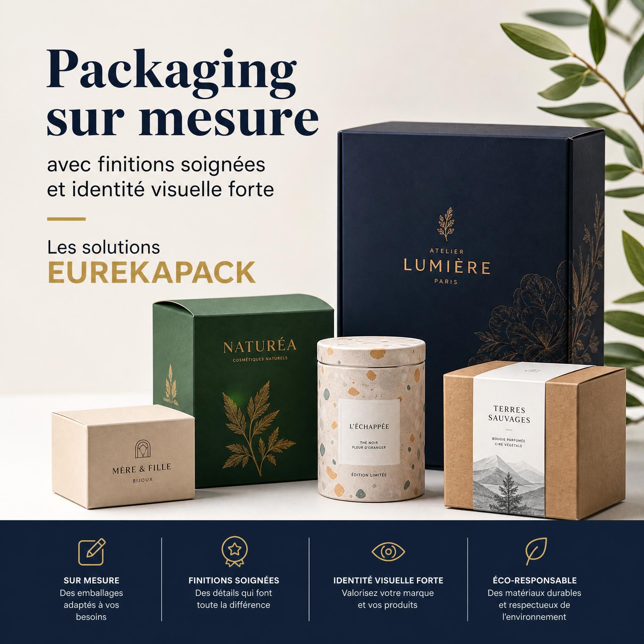 Packaging sur mesure avec finitions soignées et identité visuelle forte — solutions EUREKAPACK
