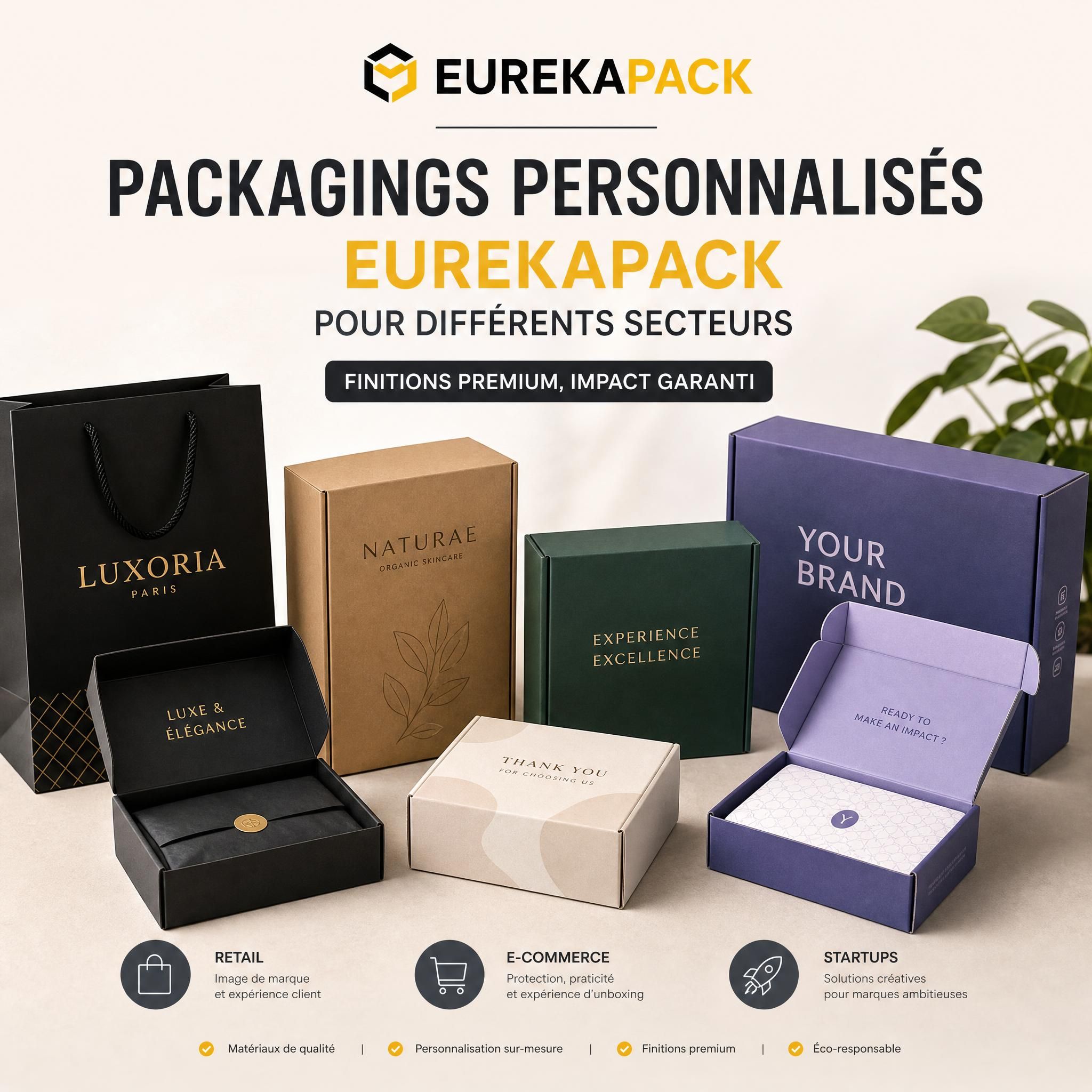 Packagings personnalisés EUREKAPACK pour différents secteurs — retail, e-commerce et startups avec finitions premium