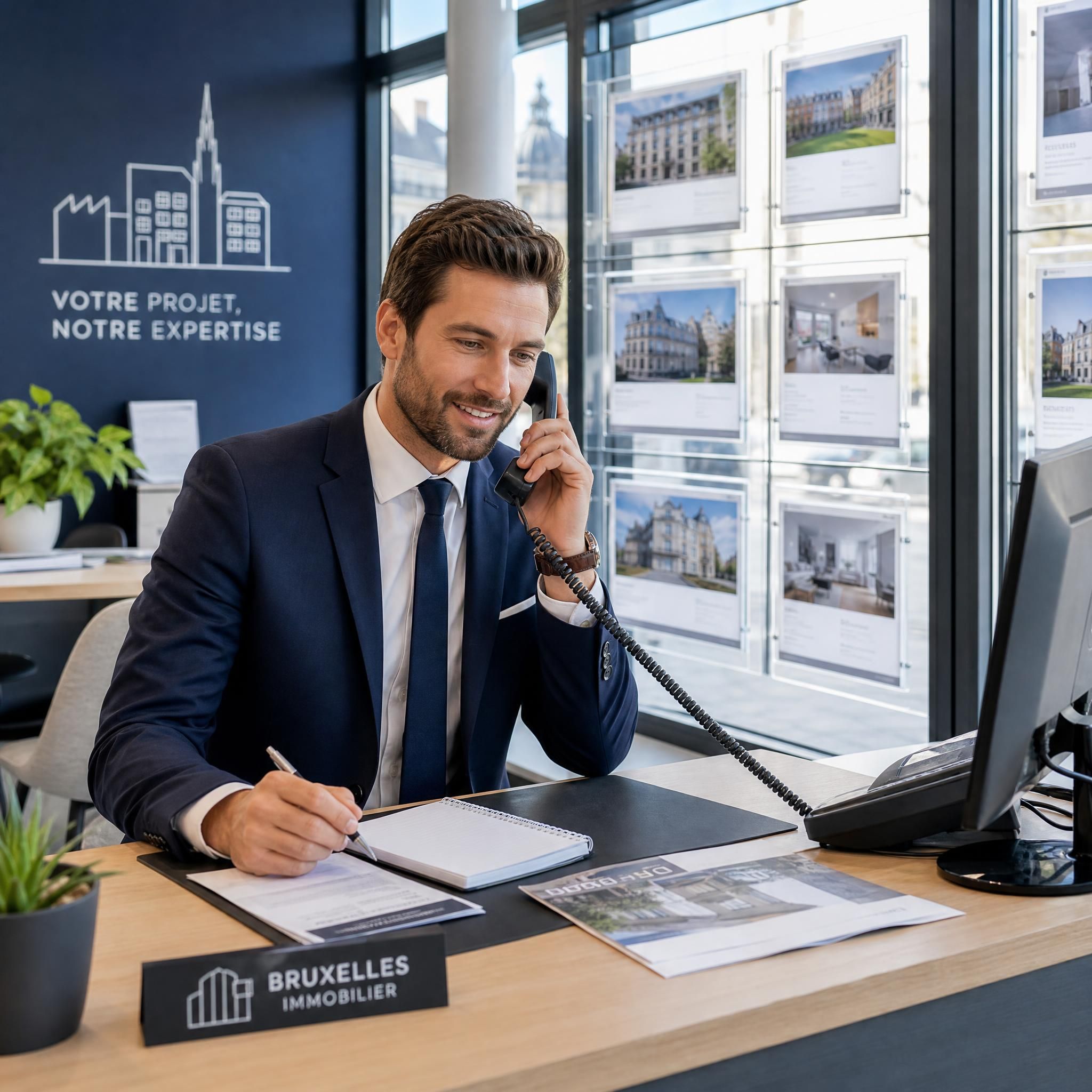 Agent immobilier professionnel en costume répondant à un appel téléphonique dans une agence moderne à Bruxelles, bureau lumineux avec vitrines de biens immobiliers en arrière-plan