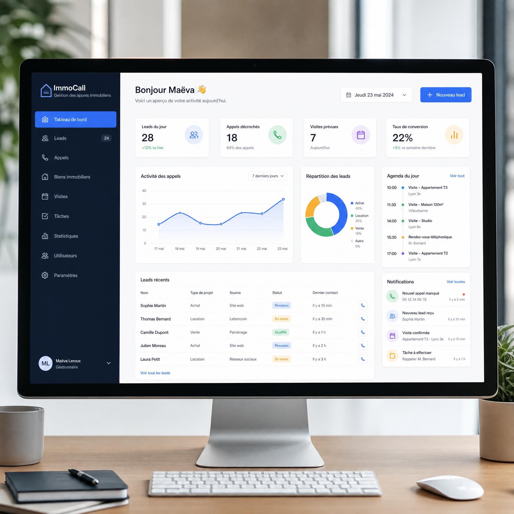 Interface moderne d'un dashboard de gestion d'appels immobiliers sur écran d'ordinateur, avec statistiques de leads, agenda de visites et notifications en temps réel, ambiance professionnelle