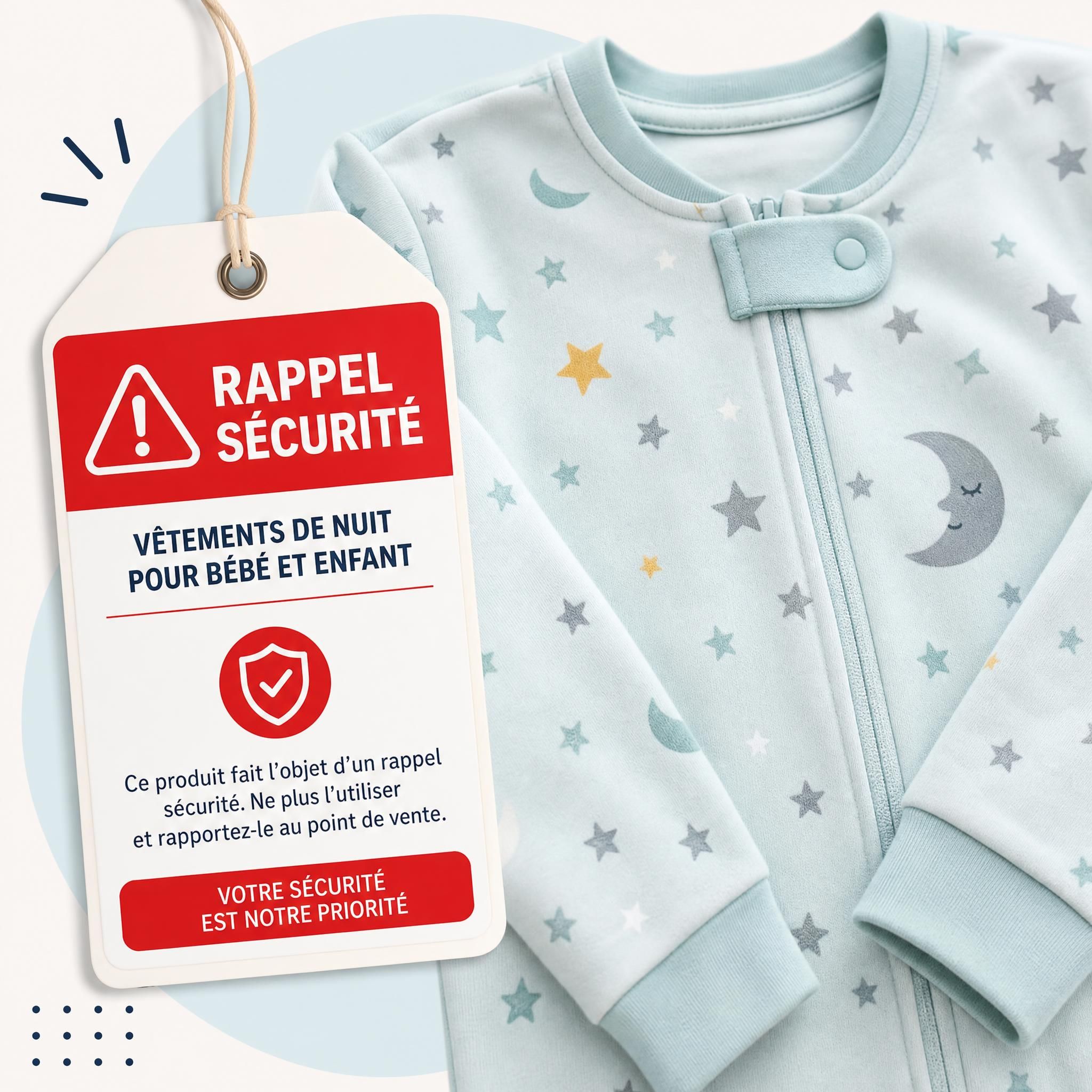 Étiquette d'alerte de rappel sécurité sur des vêtements de nuit pour bébé et enfant
