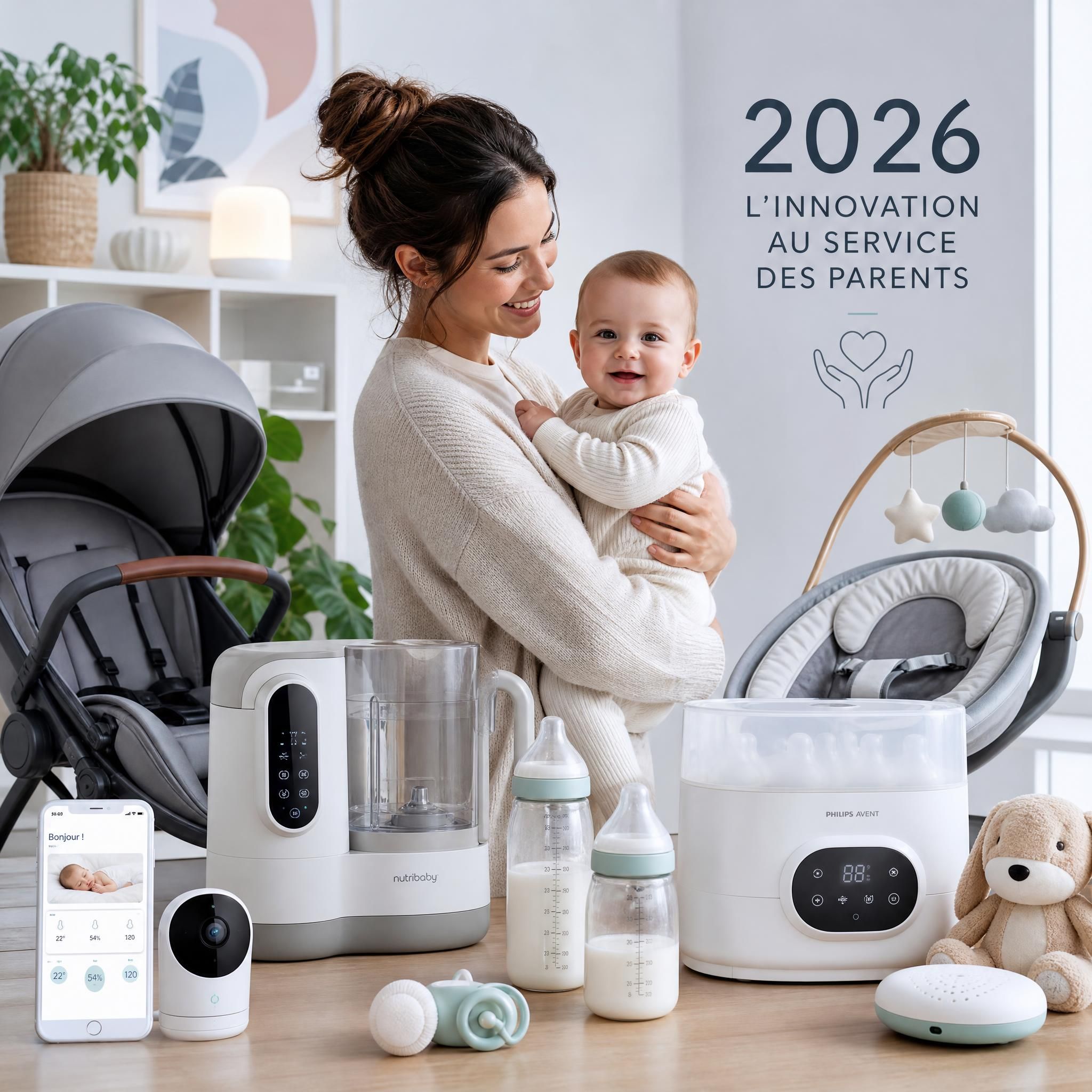 Jeune mère tenant son bébé entouré de produits de puériculture modernes et innovants en 2026