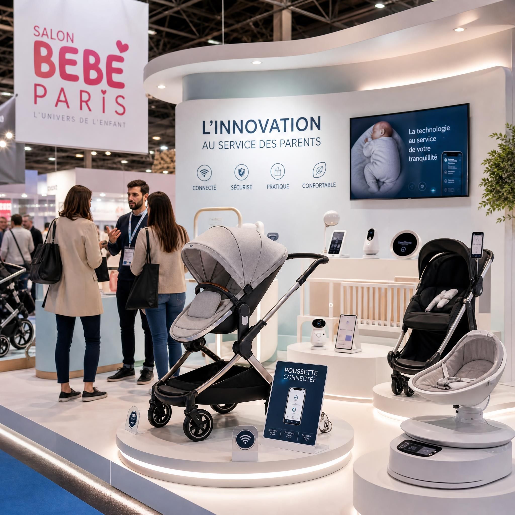 Stand d'innovations puériculture au salon BEBE Paris avec poussettes connectées et équipements high-tech pour bébé