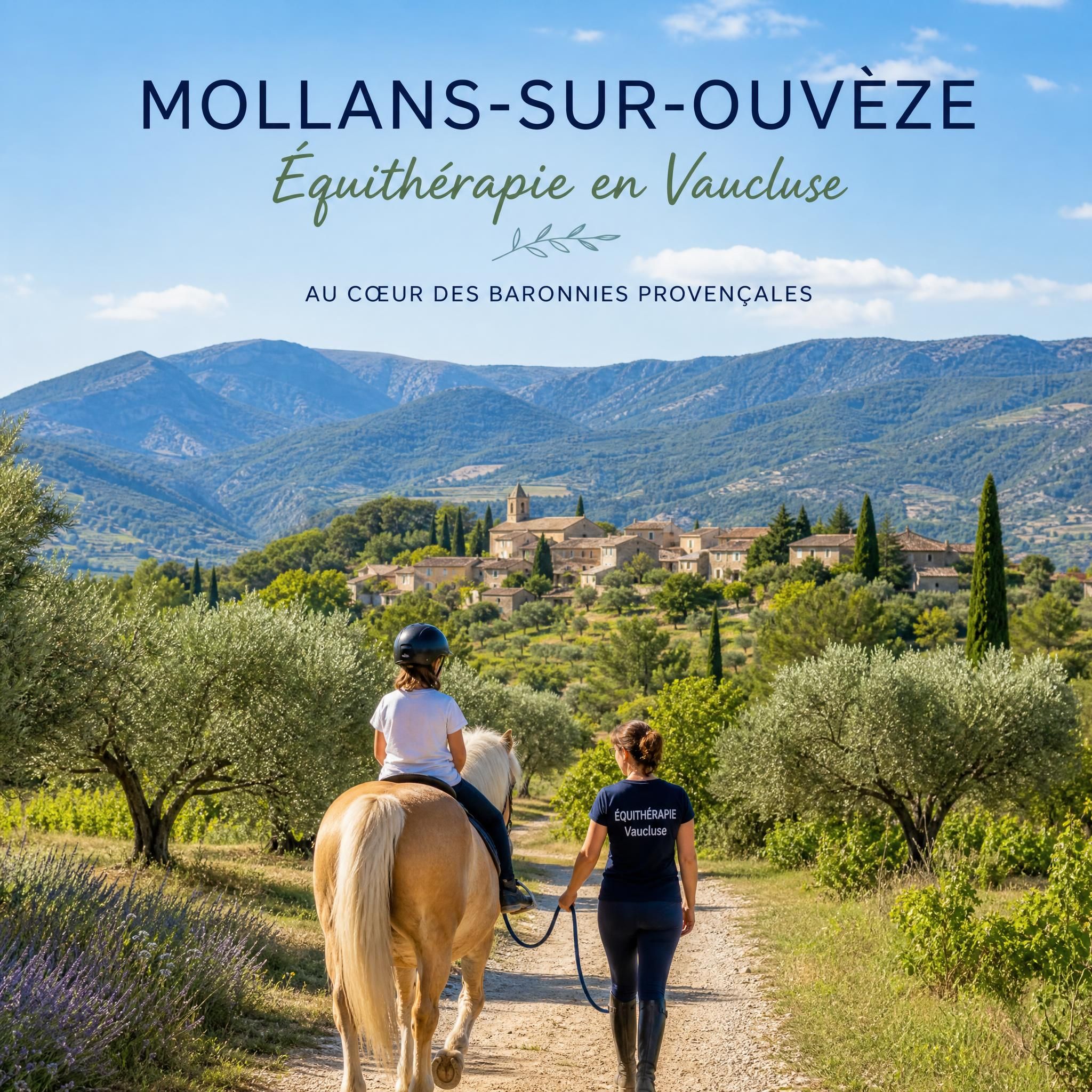 Paysage provençal de Mollans-sur-Ouvèze avec collines des Baronnies, oliviers et ciel bleu — cadre naturel d'une séance d'équithérapie en Vaucluse