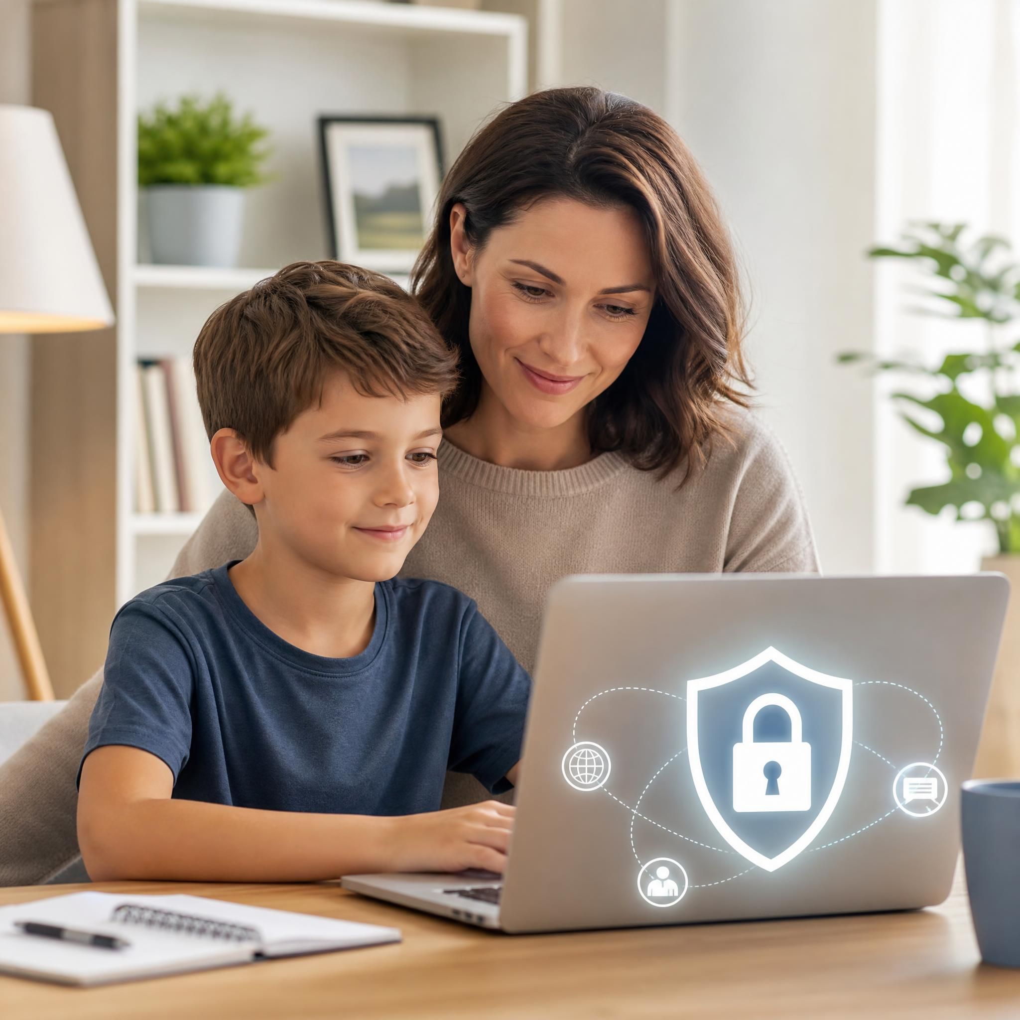 Parent et enfant regardant ensemble un écran d'ordinateur portable de manière sereine et rassurée, symbolisant la protection numérique en famille