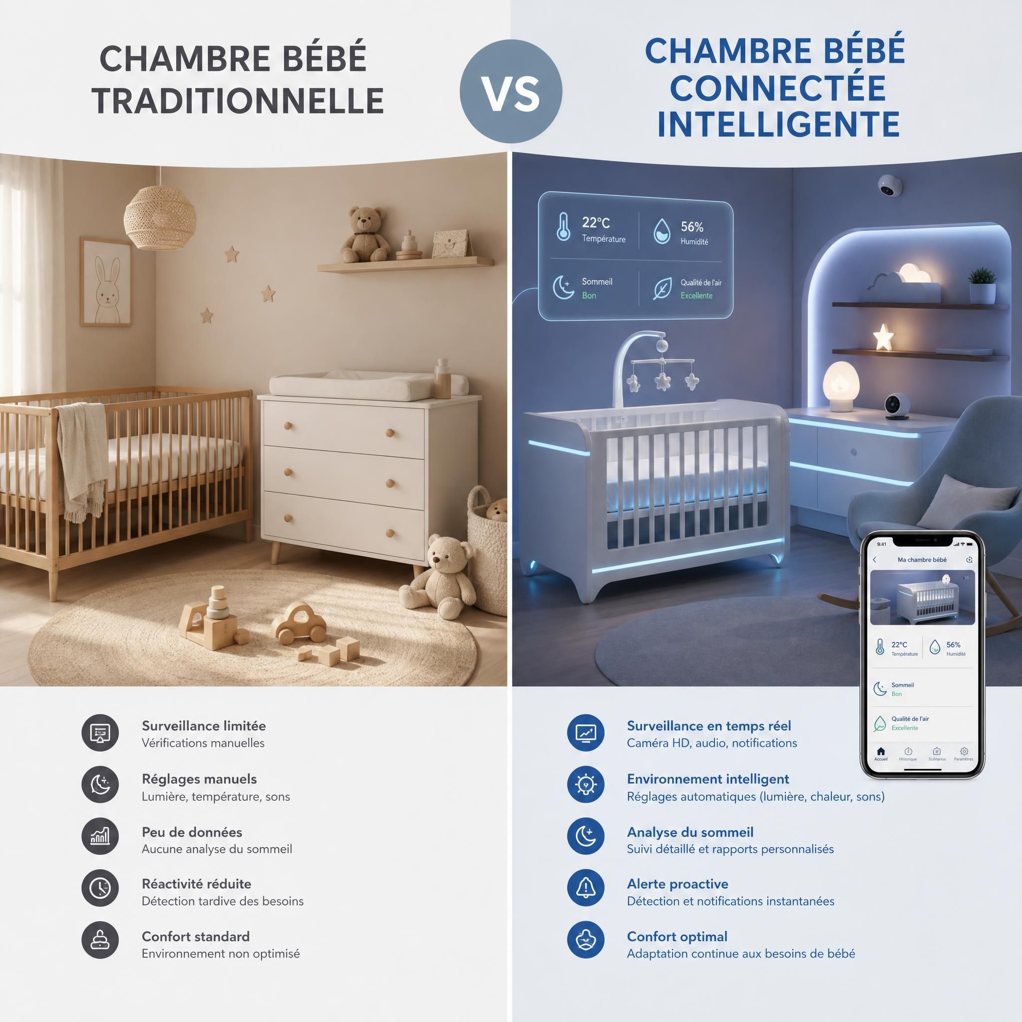Comparaison chambre bébé traditionnelle versus chambre bébé connectée intelligente futuriste