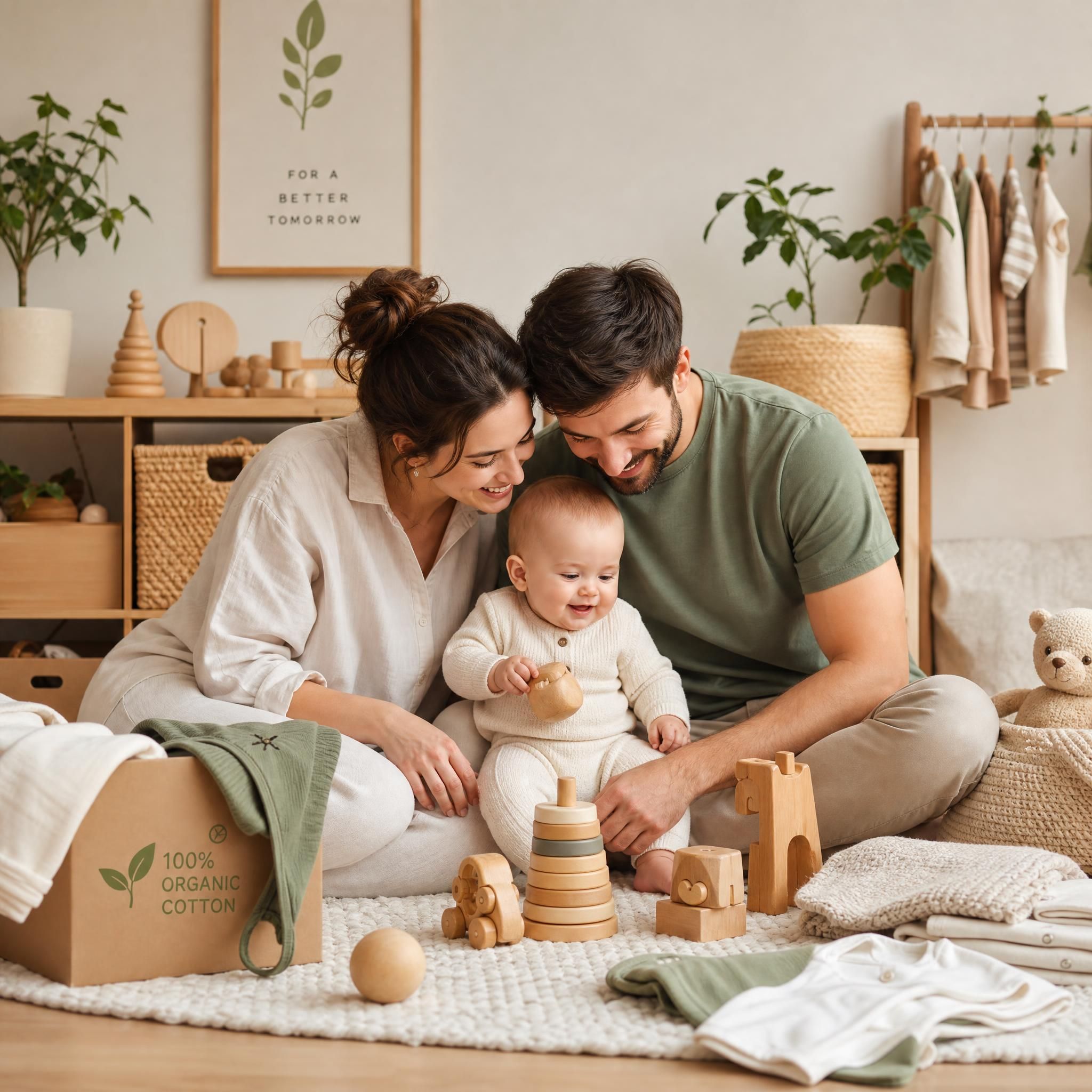 Famille heureuse avec bébé, entourée de jouets en bois naturel et de vêtements en coton biologique, symbolisant une parentalité consciente et responsable