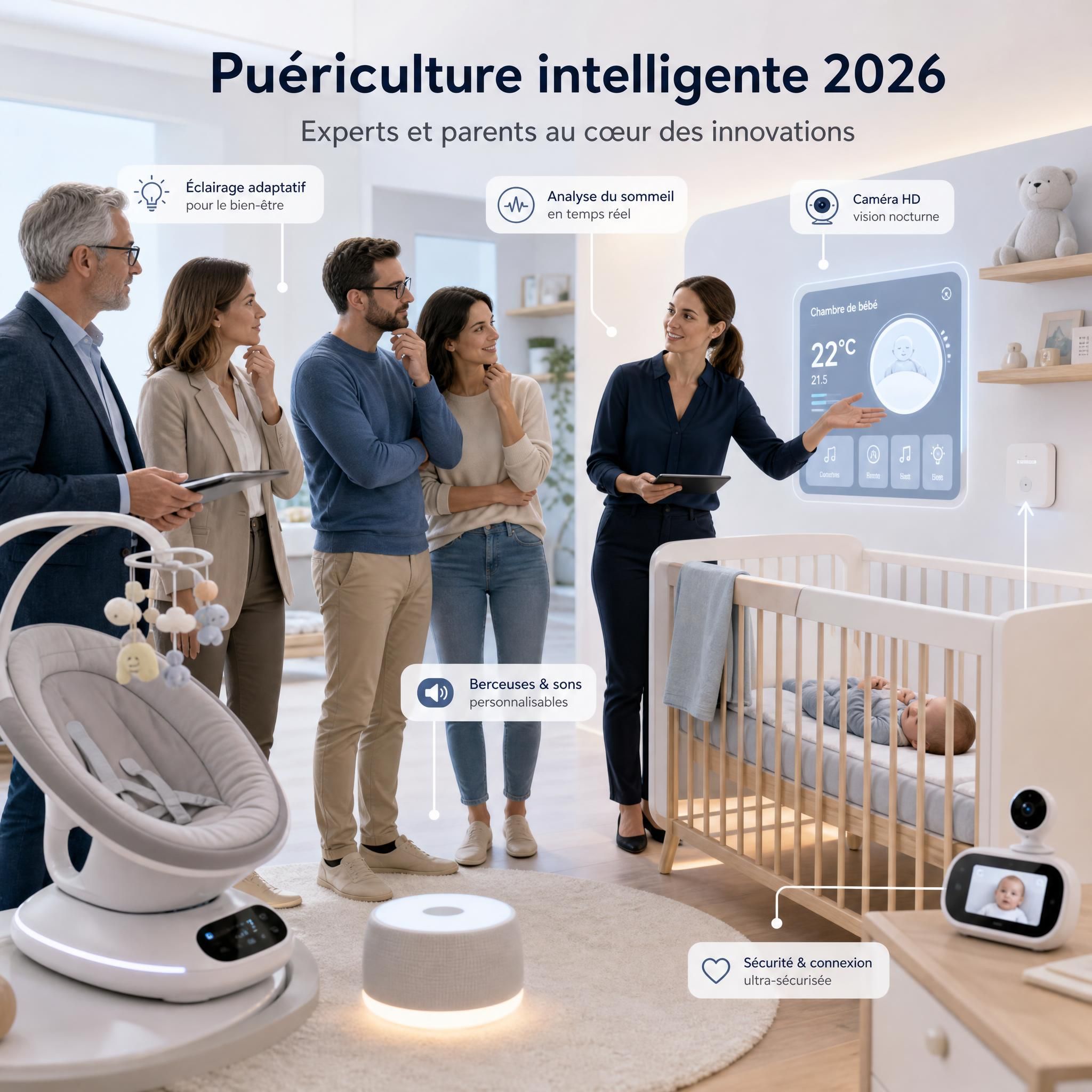 Experts et parents observant des innovations en puériculture, chambre bébé connectée intelligente 2026