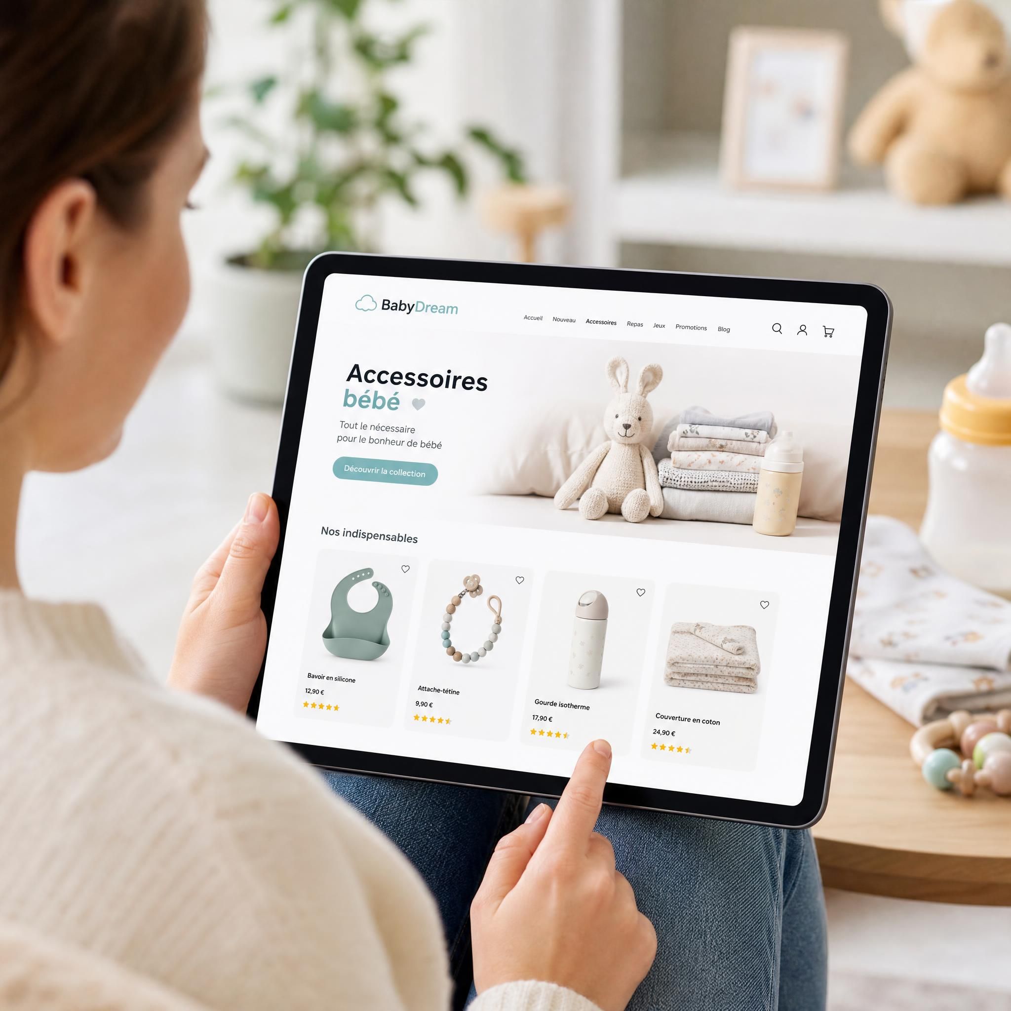 Parent achetant des accessoires bébé en ligne sur tablette avec interface e-commerce moderne